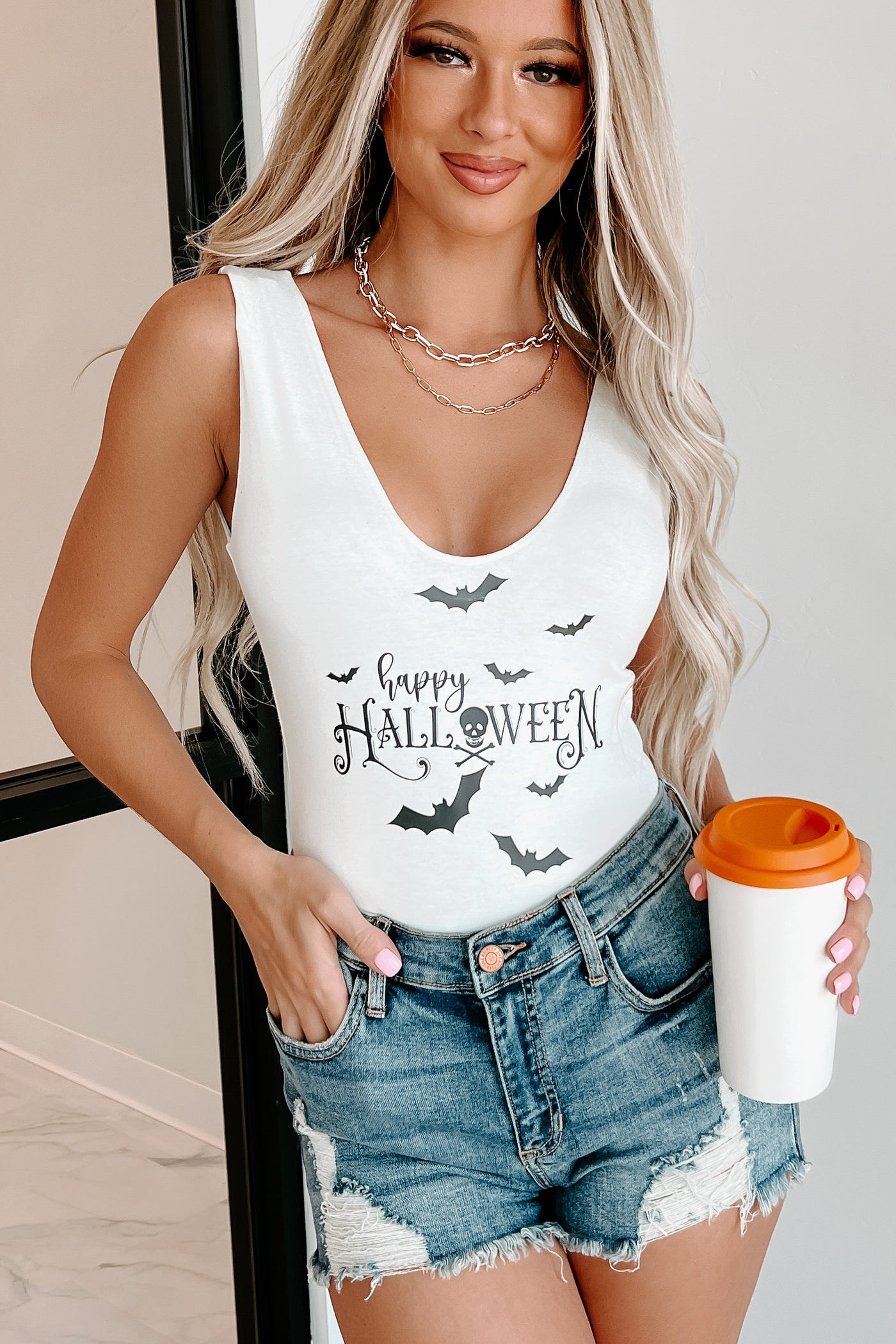 "Happy Halloween" Graphic Scoop Neck Bodysuit (Ivory) - Print On Demand - NanaMacs