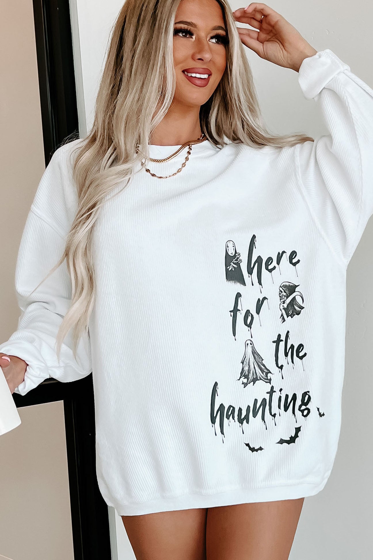 "Here For The Haunting" Corded Graphic Crewneck (White) - Print On Demand - NanaMacs