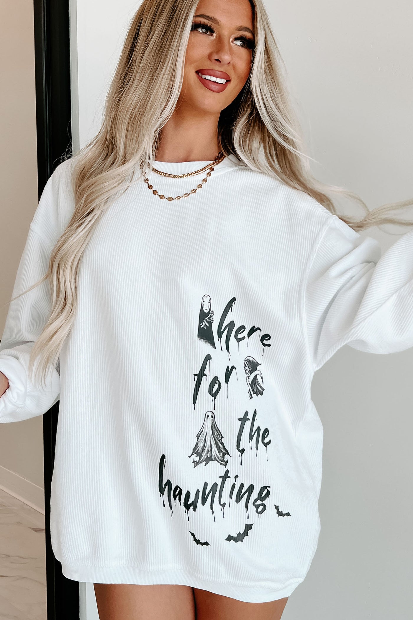 "Here For The Haunting" Corded Graphic Crewneck (White) - Print On Demand - NanaMacs