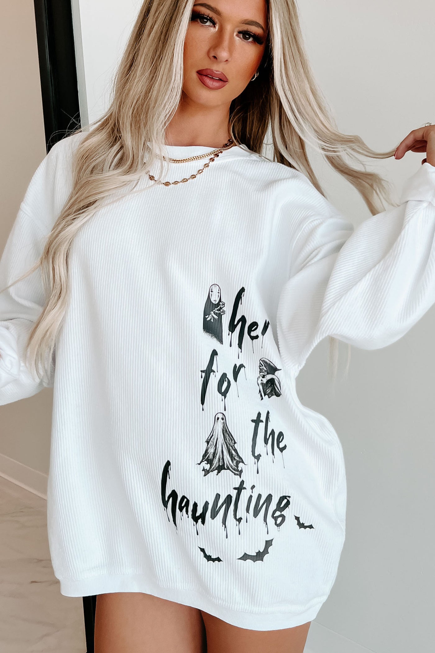 "Here For The Haunting" Corded Graphic Crewneck (White) - Print On Demand - NanaMacs