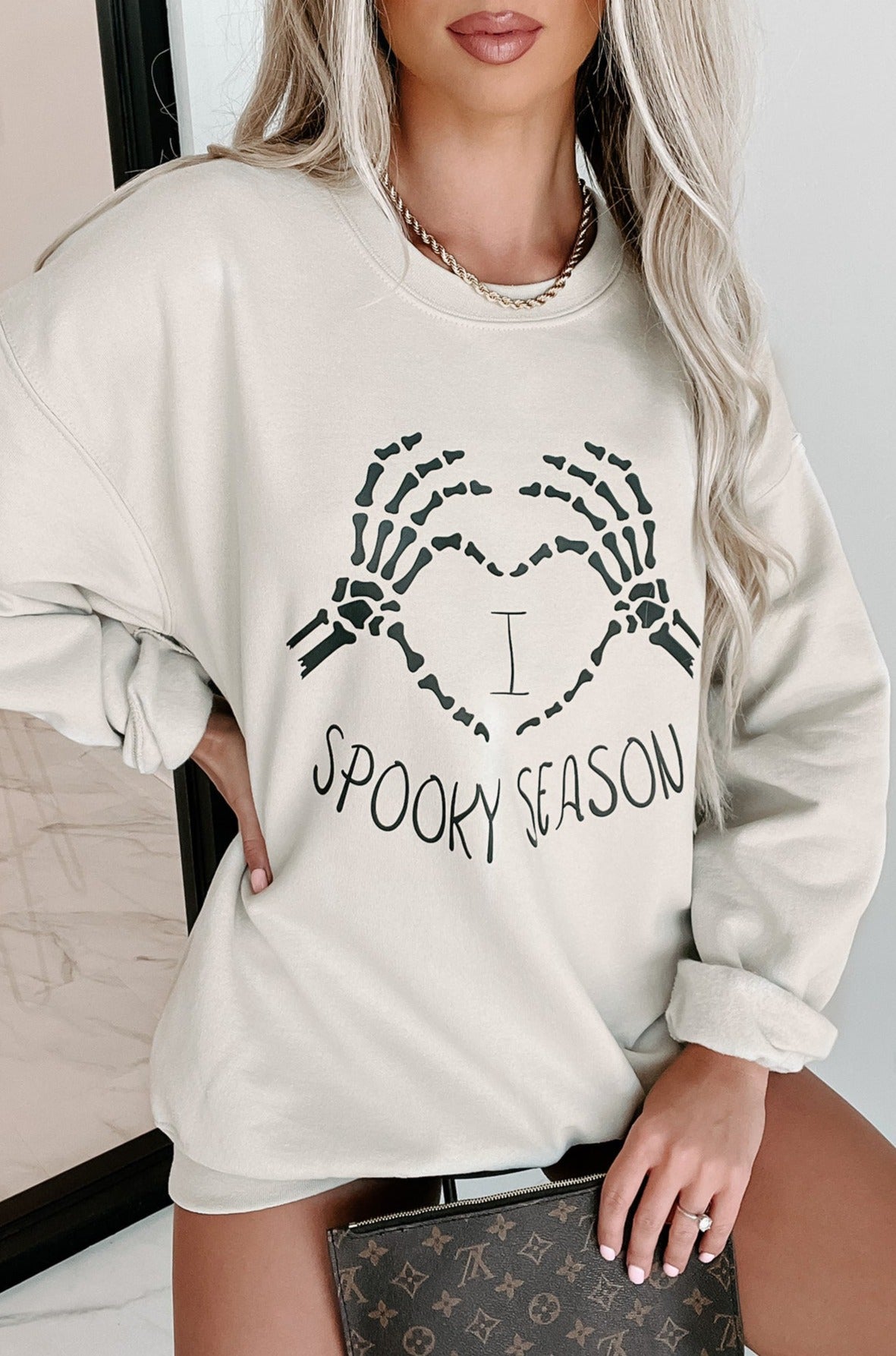 "I Love Spooky Season" Graphic Crewneck (Sand) - Print On Demand - NanaMacs