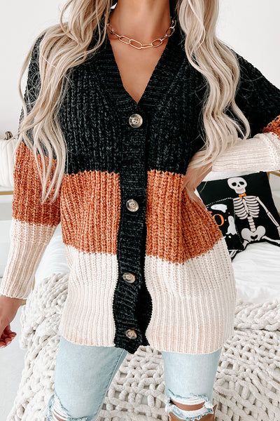 Falling Into A Pattern Chenille Colorblock Cardigan (Black Multi) - NanaMacs