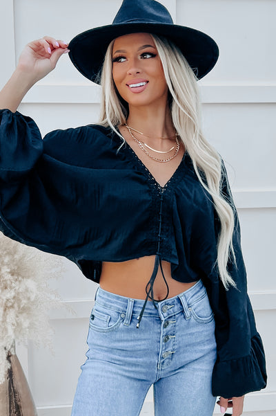 Word To The Wise Lace-Up Crop Top (Black) - NanaMacs