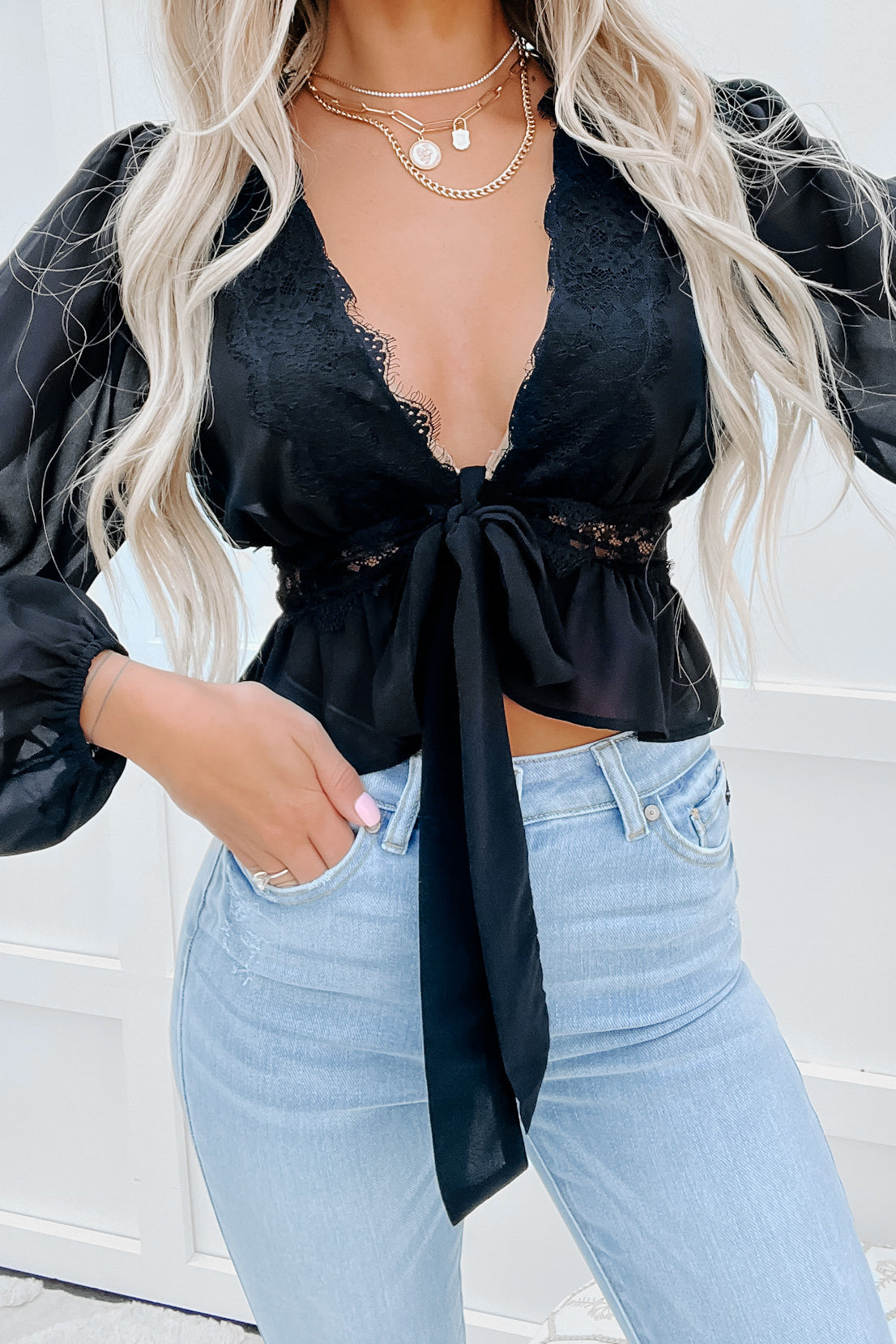 Sexy In The City Tie-Front Lace Detailed Top (Black) - NanaMacs