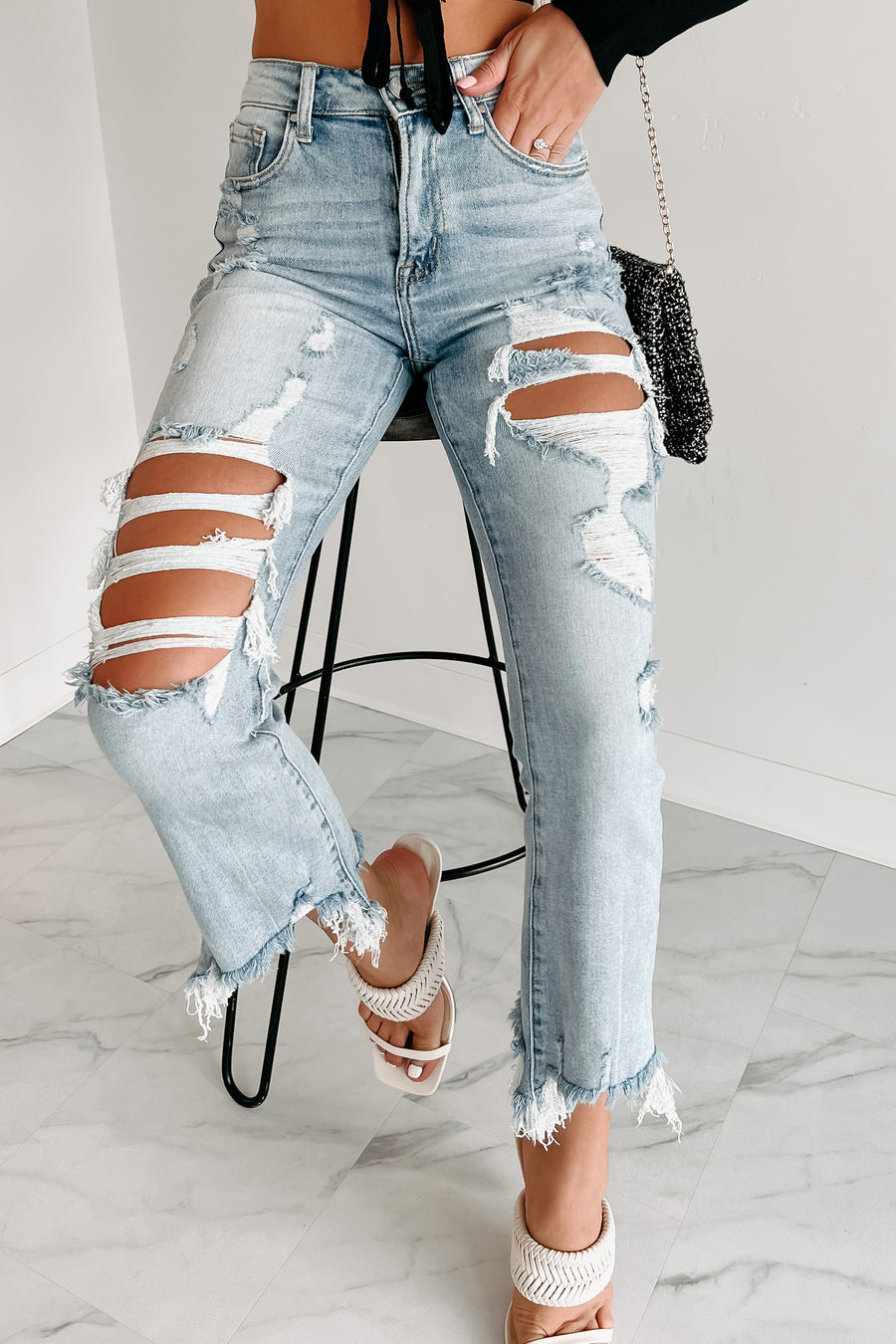 Let's Talk High Rise Distressed Cropped Flare Risen Jeans (Light) - NanaMacs