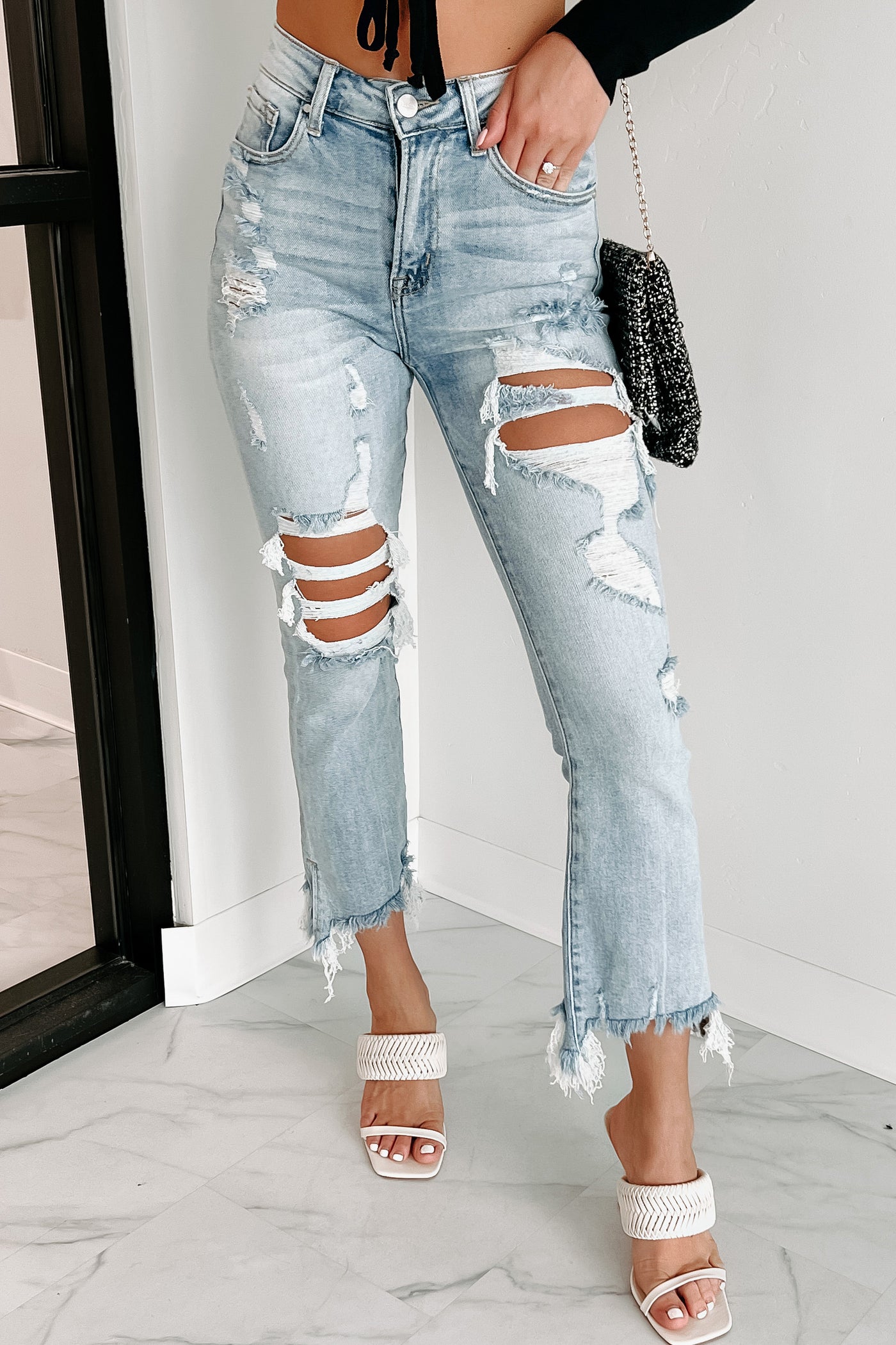 Let's Talk High Rise Distressed Cropped Flare Risen Jeans (Light) · NanaMacs