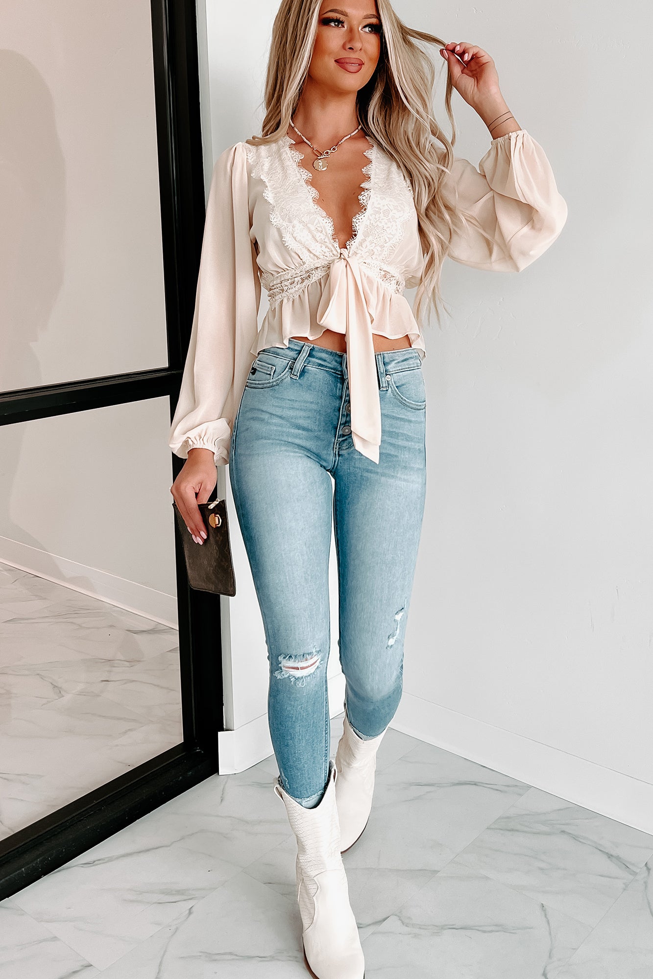 Sexy In The City Tie-Front Lace Detailed Top (Ivory) - NanaMacs