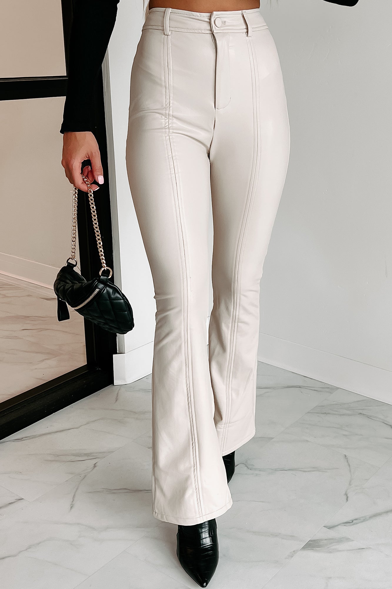 Staying Trendy Faux Leather Flare Pants (Beige) - NanaMacs
