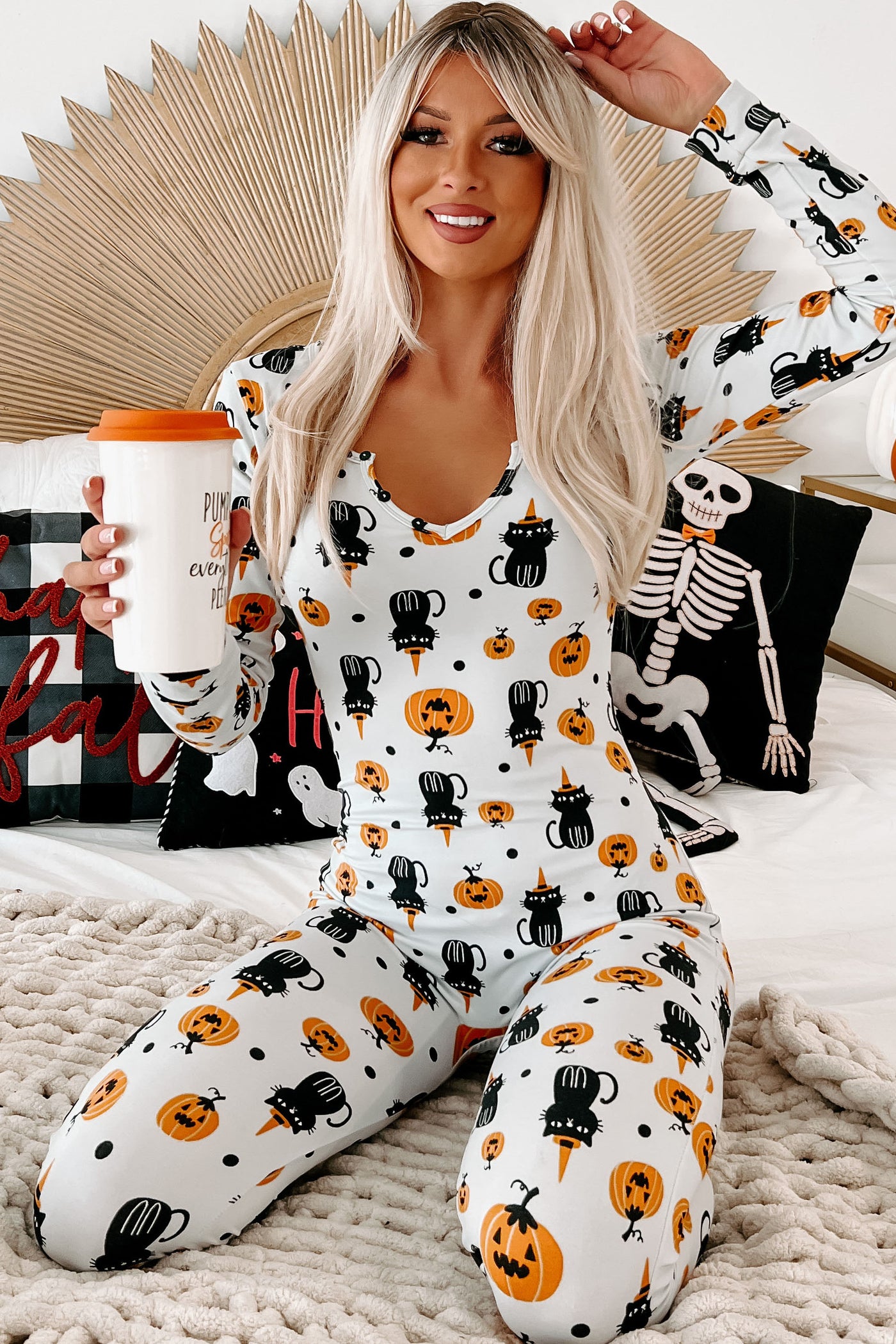 Too Cute To Spook Halloween Printed Jumpsuit Set (Grey) - NanaMacs