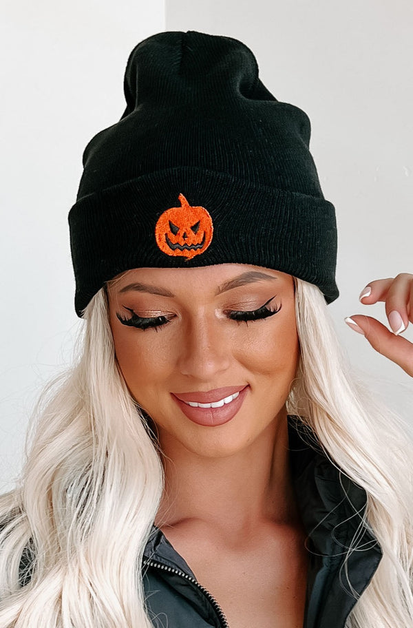 Jack-O-Lantern Smiles Embroidered Cuffed Beanie (Black) - NanaMacs