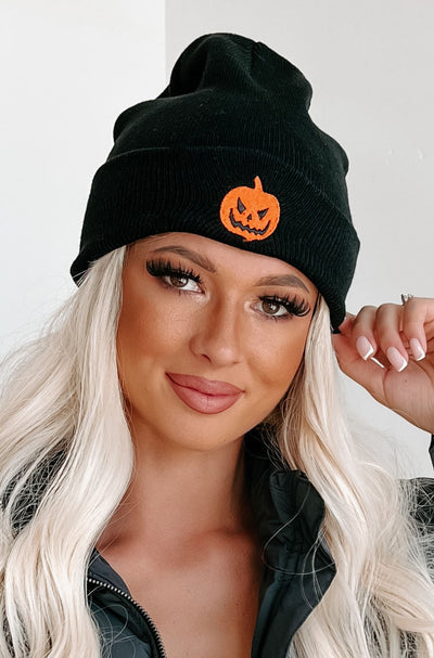 Jack-O-Lantern Smiles Embroidered Cuffed Beanie (Black) - NanaMacs