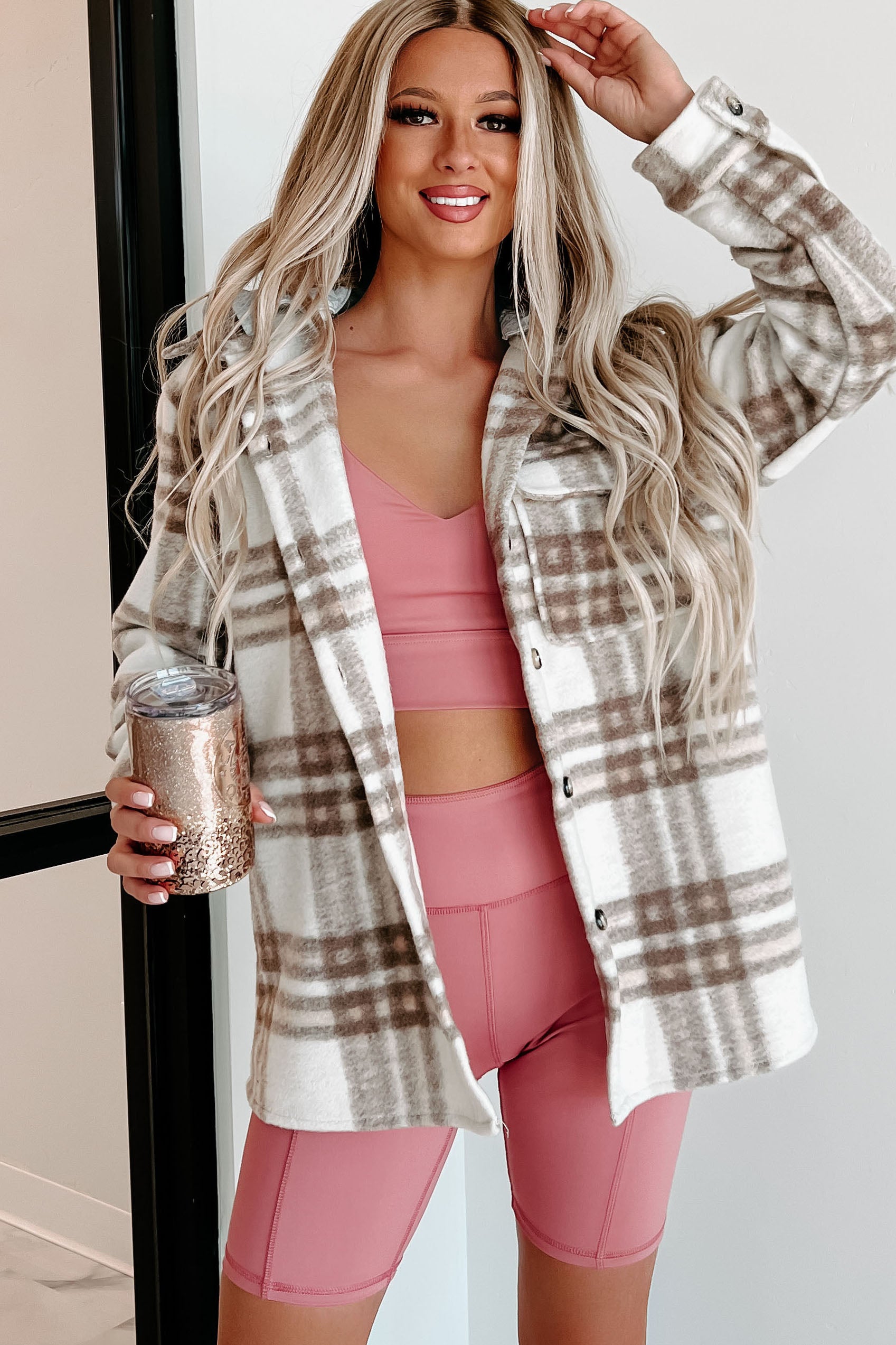 Autumn Wishes Hooded Plaid Shacket (Taupe Brown) - NanaMacs