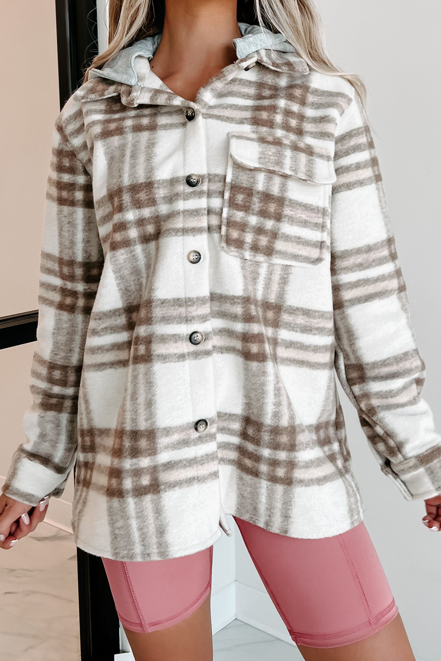 Autumn Wishes Hooded Plaid Shacket (Taupe Brown) - NanaMacs