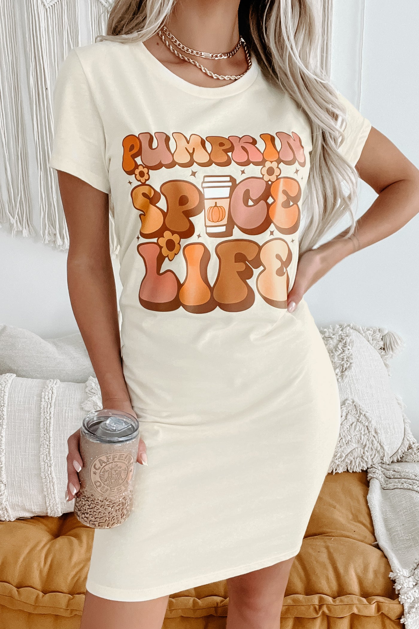 "Pumpkin Spice Life" Graphic T-Shirt Dress (Cream) - Print On Demand - NanaMacs