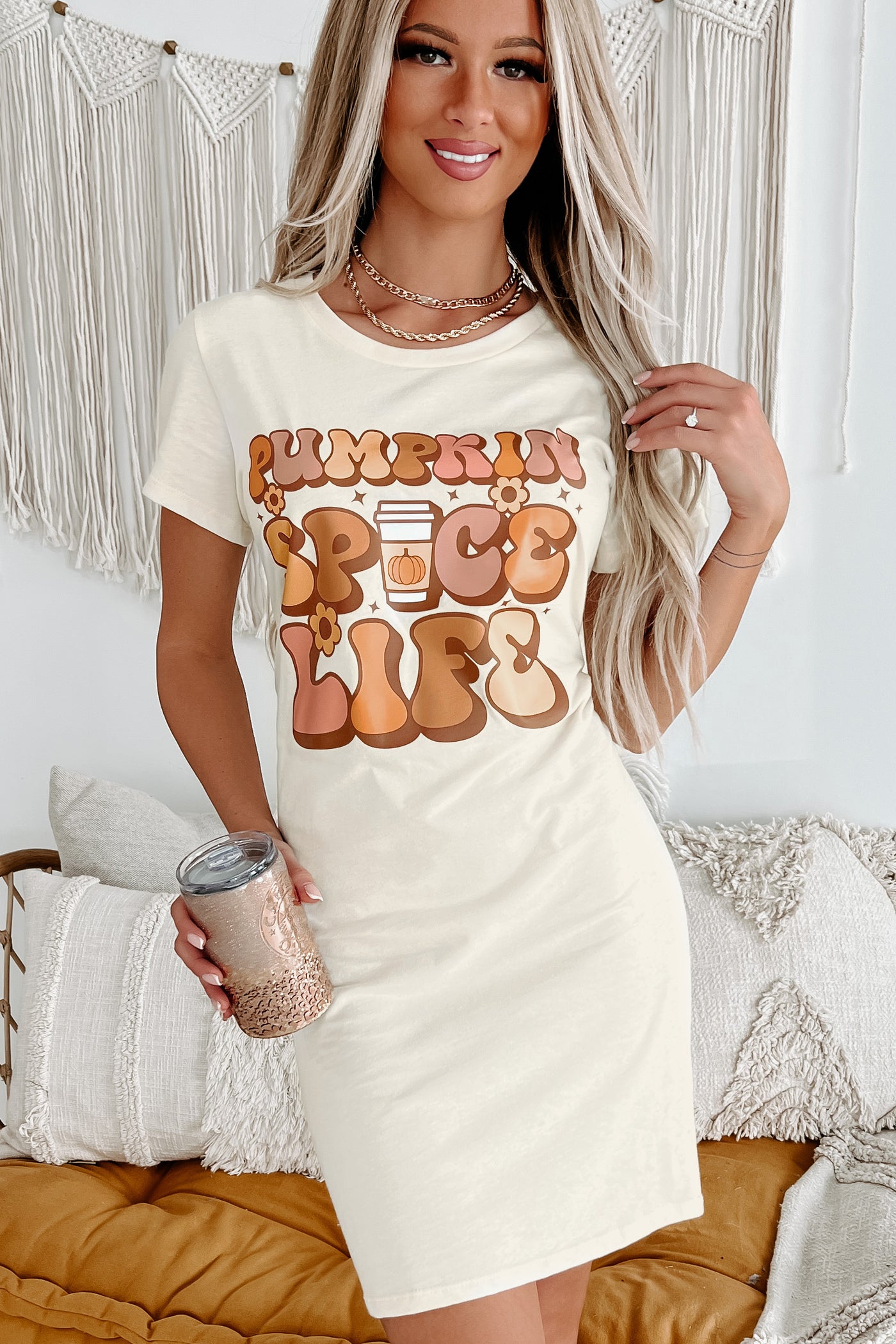 "Pumpkin Spice Life" Graphic T-Shirt Dress (Cream) - Print On Demand - NanaMacs