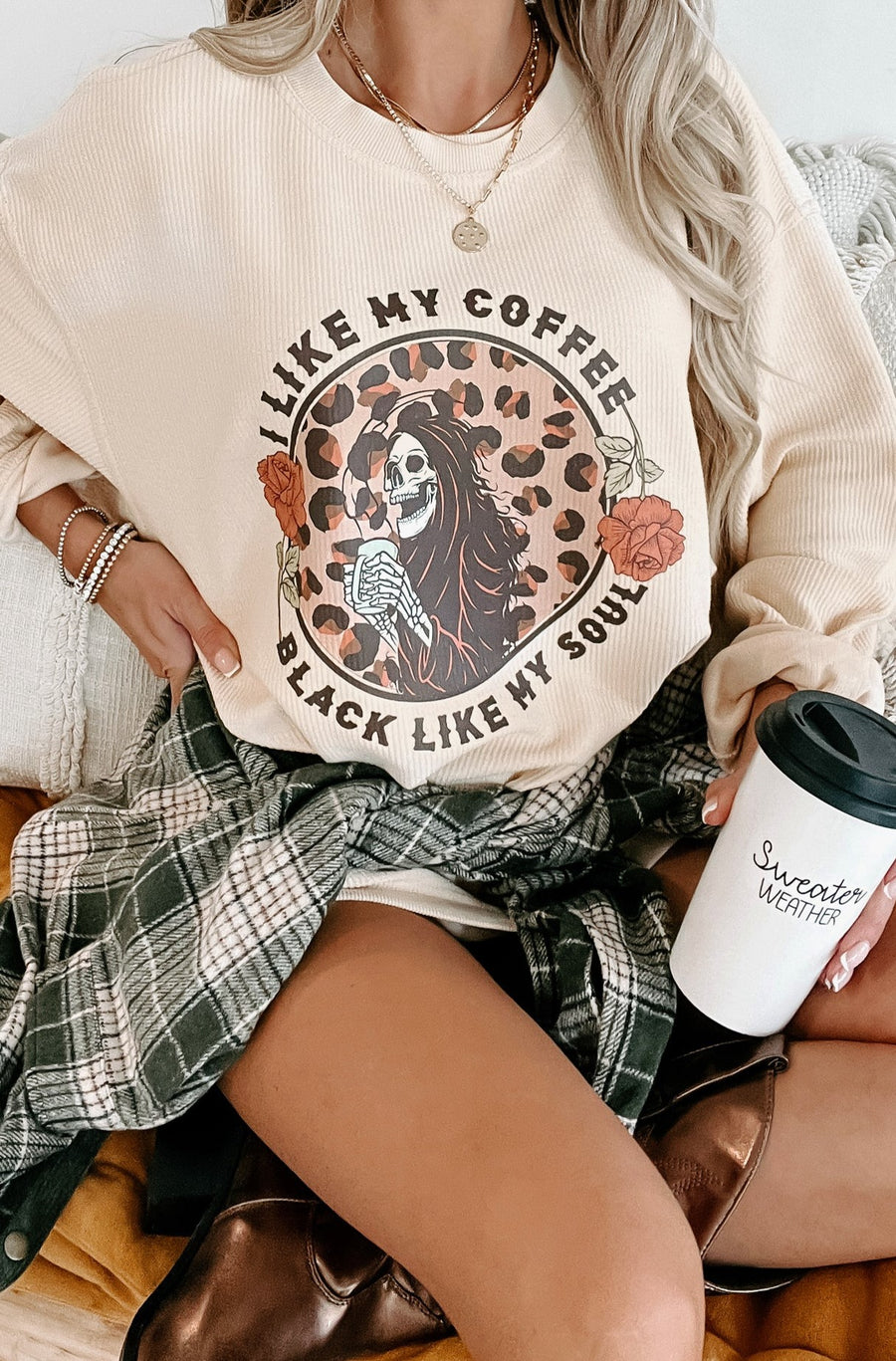 "Coffee, Black Like My Soul" Corded Graphic Crewneck (Natural) - Print On Demand - NanaMacs