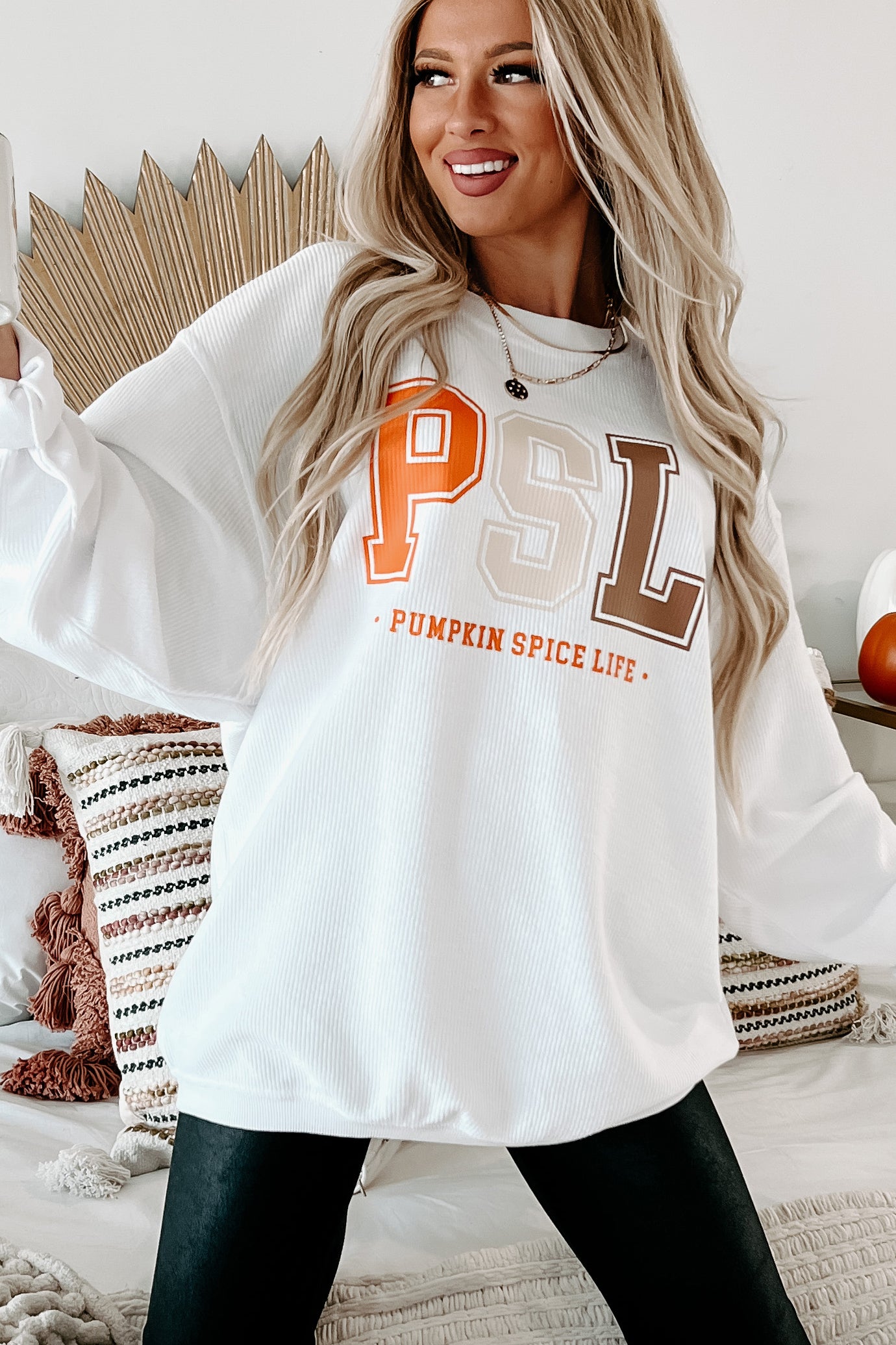 Livin' That PSL Life Corded Graphic Crewneck (White) - Print On Demand - NanaMacs