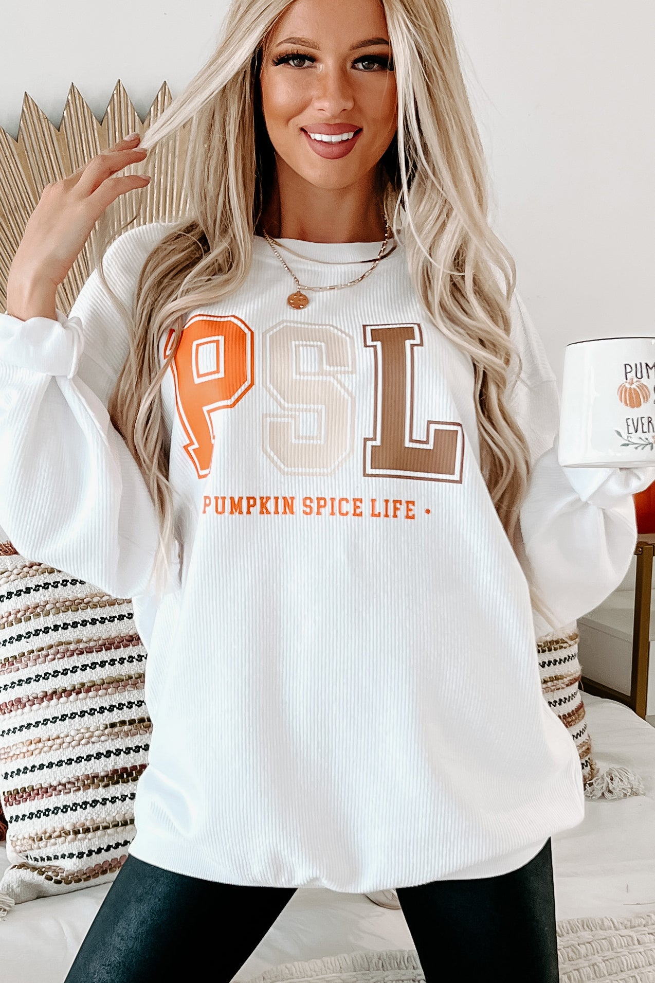 Livin' That PSL Life Corded Graphic Crewneck (White) - Print On Demand - NanaMacs