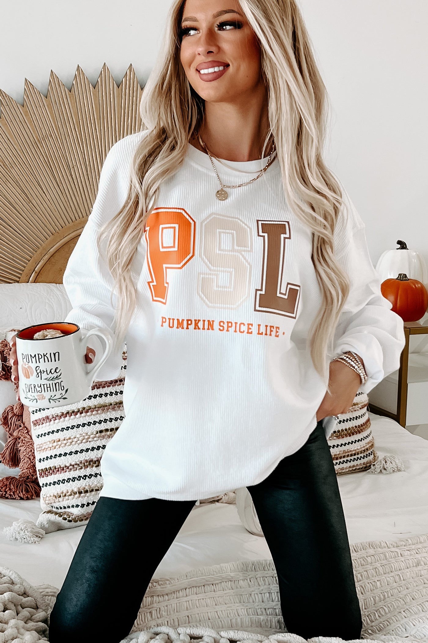 Livin' That PSL Life Corded Graphic Crewneck (White) - Print On Demand - NanaMacs