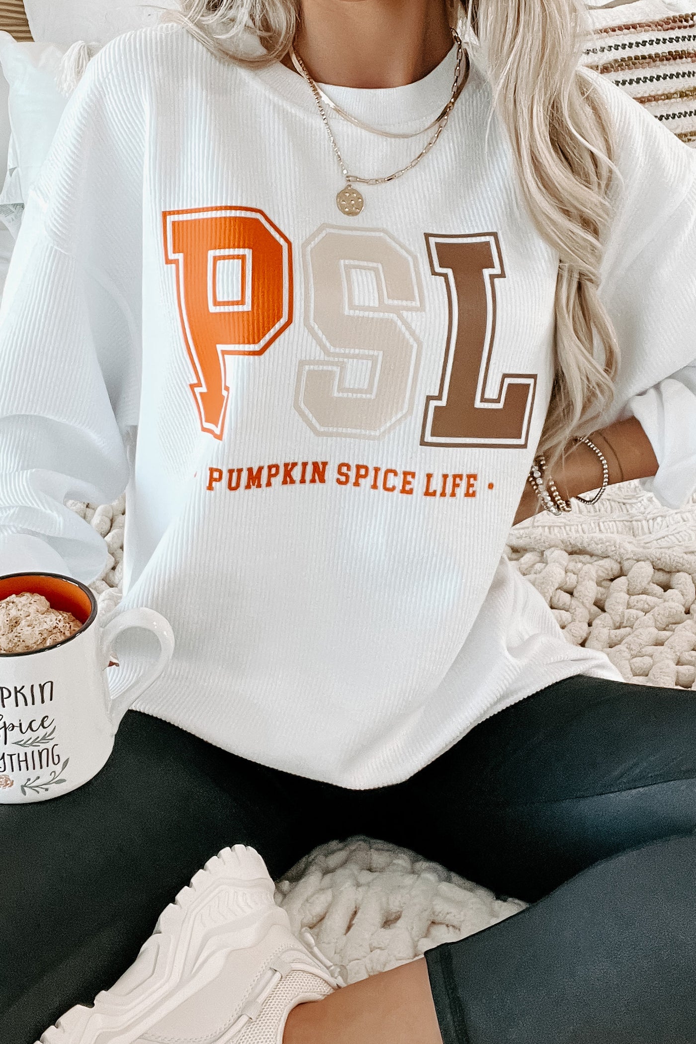 Livin' That PSL Life Corded Graphic Crewneck (White) - Print On Demand - NanaMacs