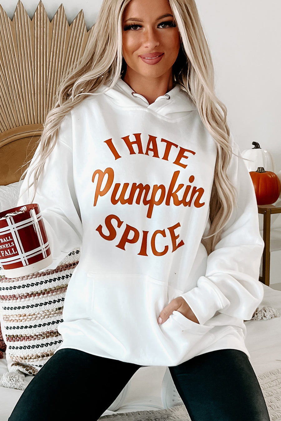 "I Hate Pumpkin Spice" Graphic Hoodie (White) - Print On Demand - NanaMacs