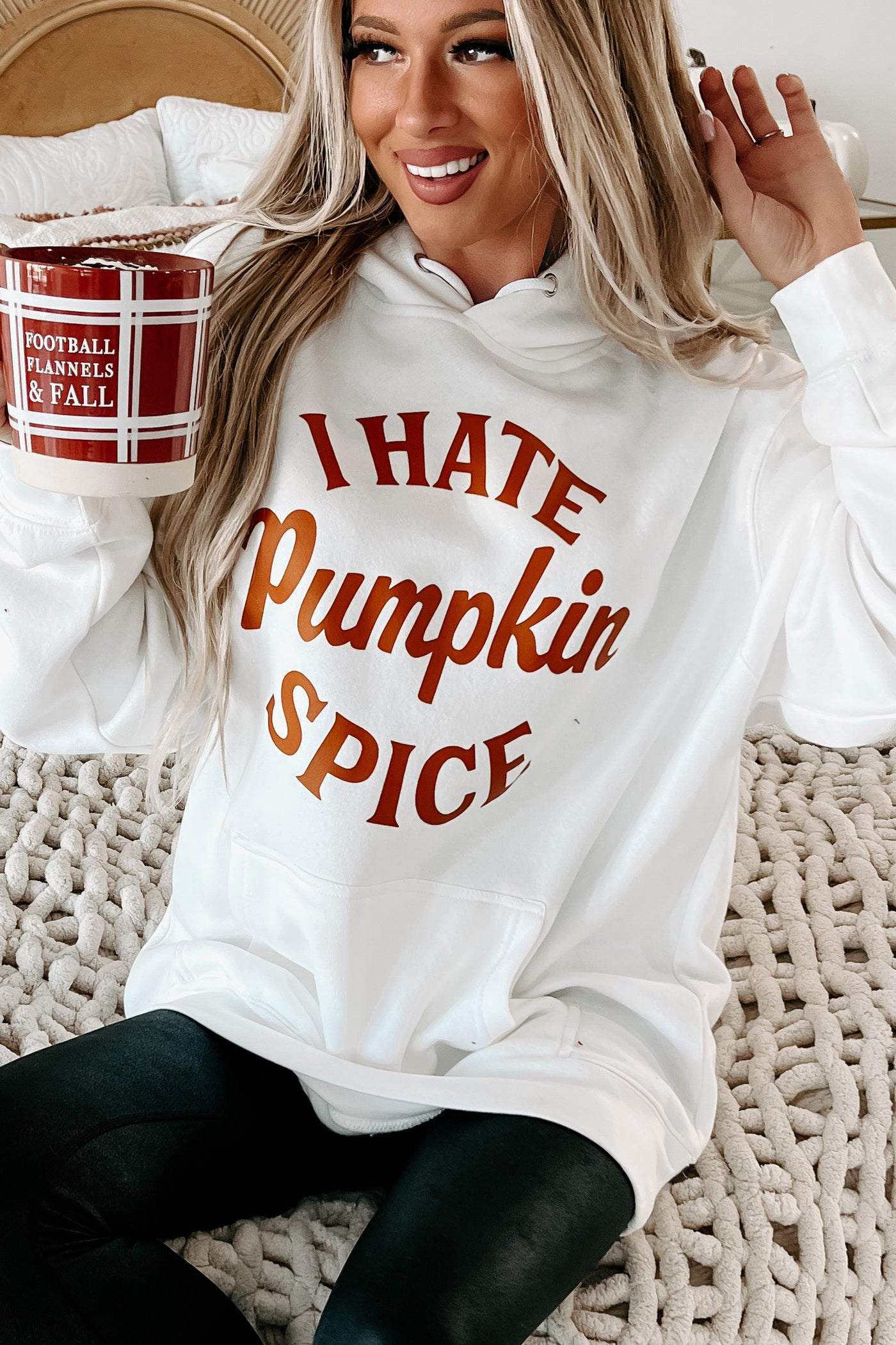 "I Hate Pumpkin Spice" Graphic Hoodie (White) - Print On Demand - NanaMacs