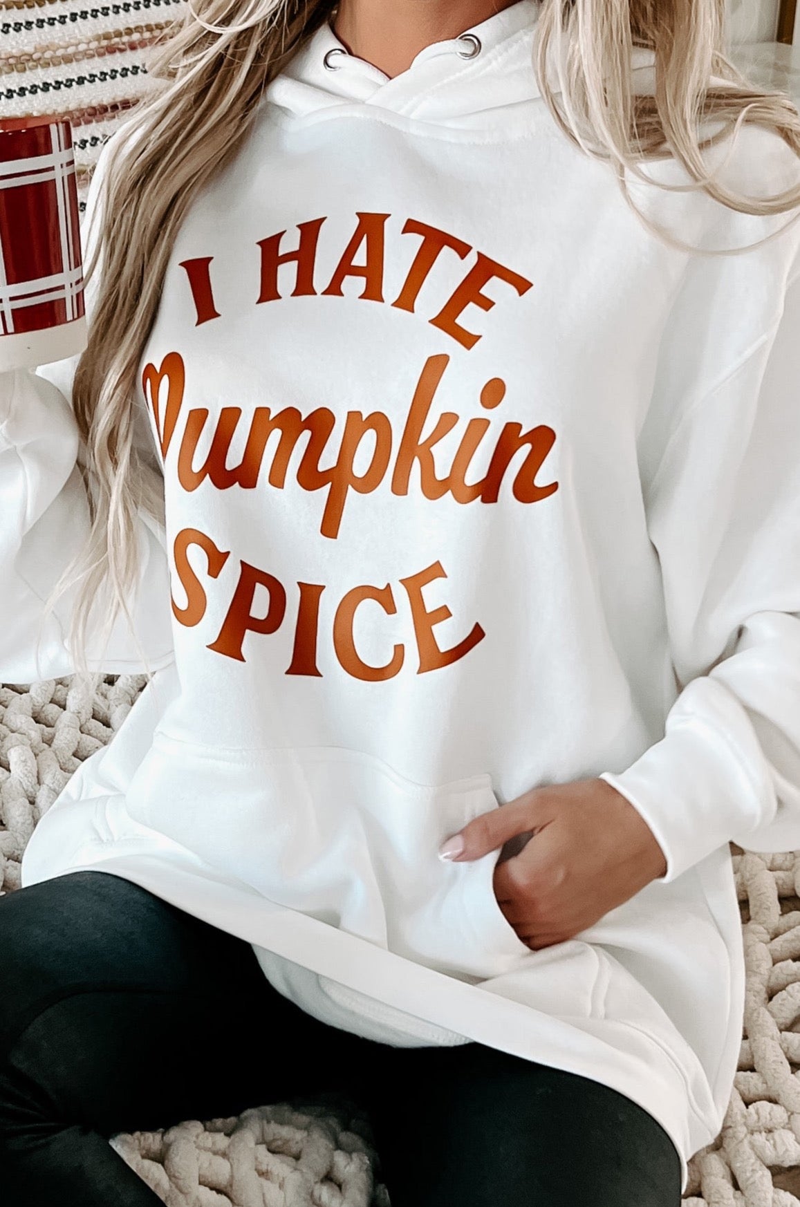 "I Hate Pumpkin Spice" Graphic Hoodie (White) - Print On Demand - NanaMacs