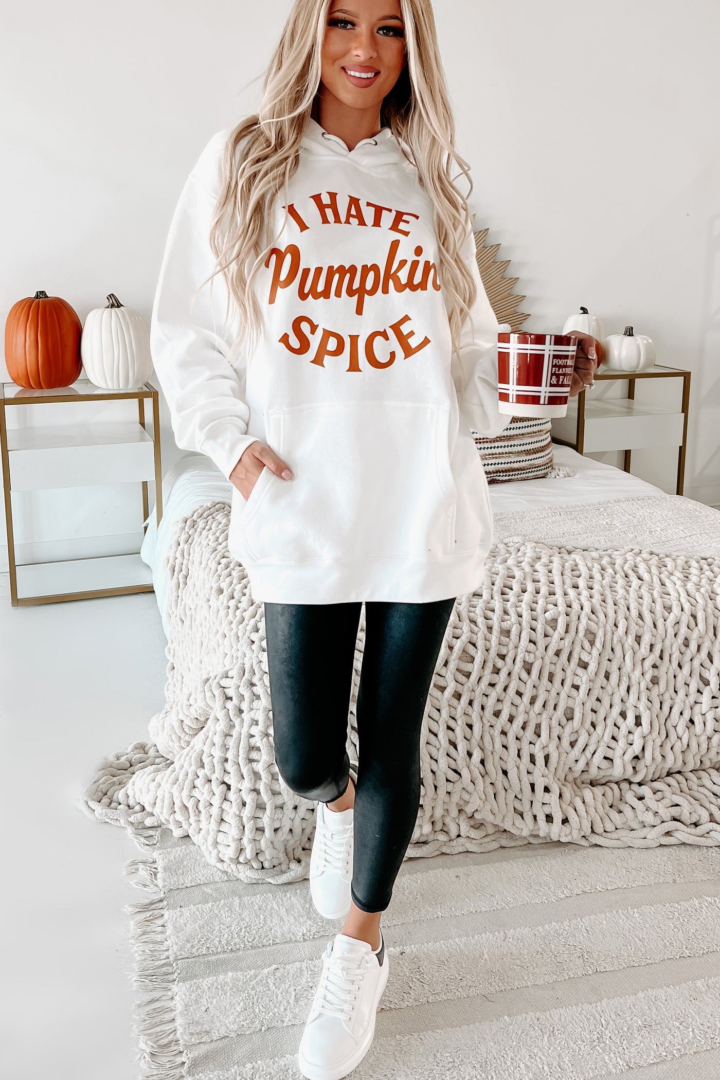 "I Hate Pumpkin Spice" Graphic Hoodie (White) - Print On Demand - NanaMacs