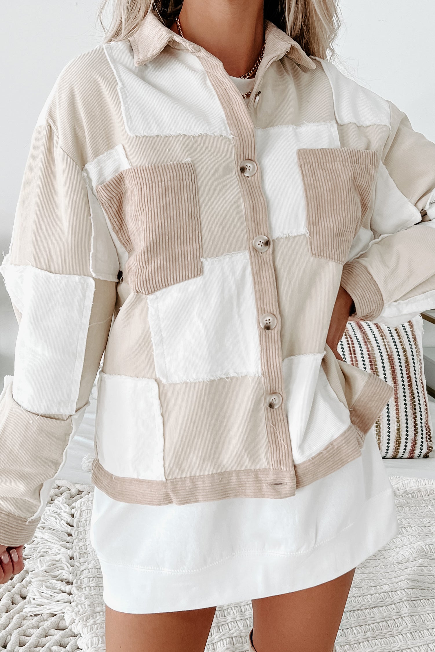 Living In The Past Corduroy Patchwork Shacket (Beige Multi) - NanaMacs