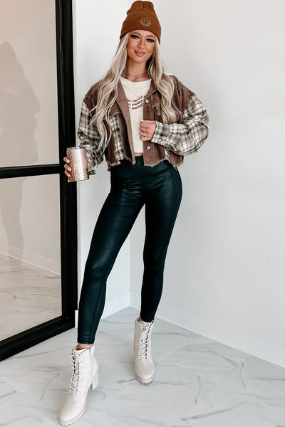 Deep Thinking Mix Media Cropped Shacket (Brown Multi) - NanaMacs