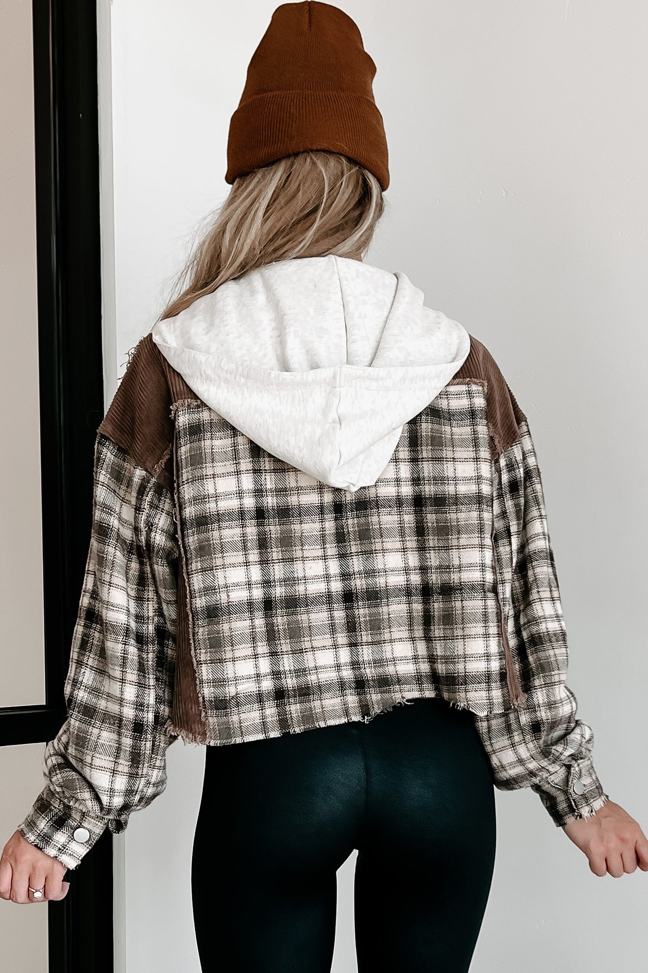 Deep Thinking Mix Media Cropped Shacket (Brown Multi) - NanaMacs