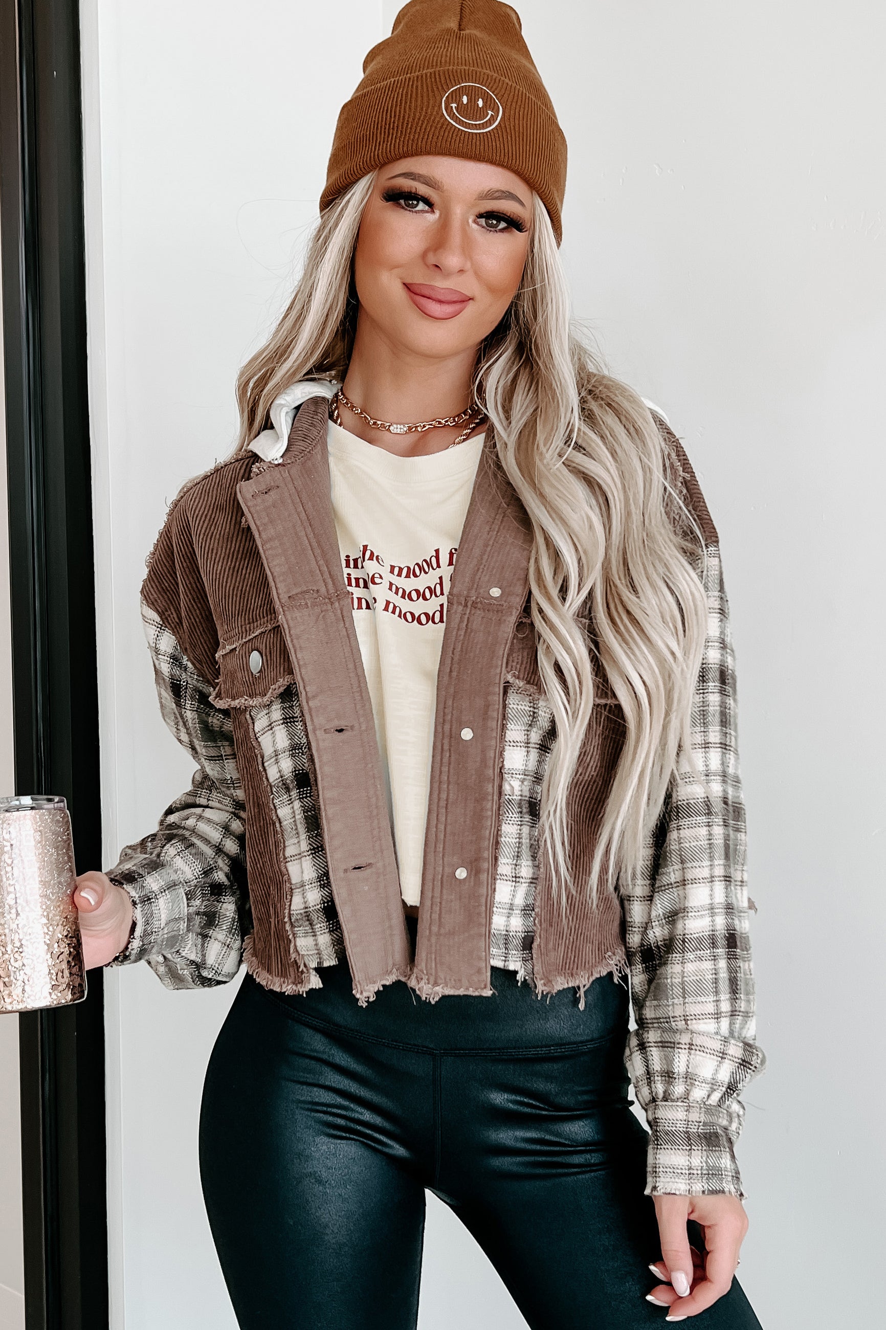 Deep Thinking Mix Media Cropped Shacket (Brown Multi) - NanaMacs