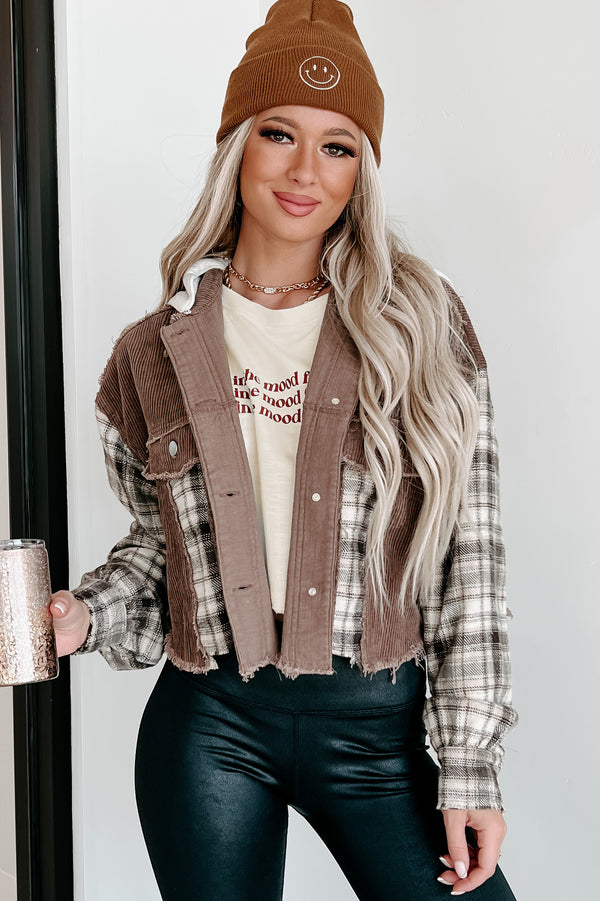 Deep Thinking Mix Media Cropped Shacket (Brown Multi) - NanaMacs