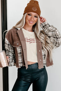 Deep Thinking Mix Media Cropped Shacket (Brown Multi) - NanaMacs