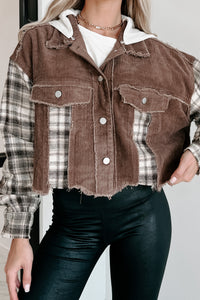 Deep Thinking Mix Media Cropped Shacket (Brown Multi) - NanaMacs