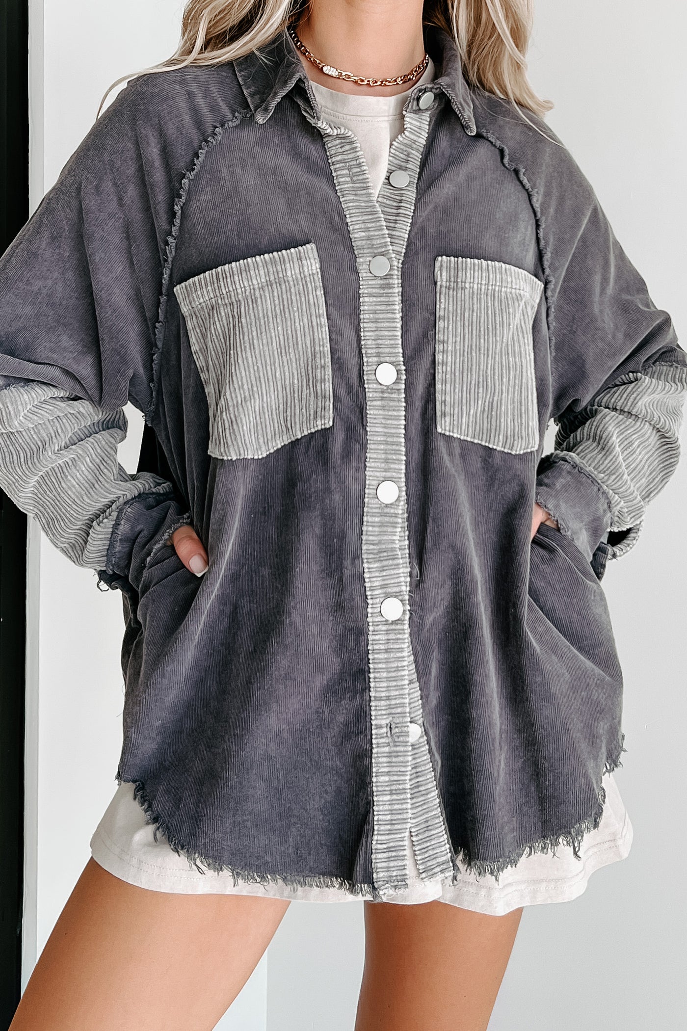Hoping For The Best Corduroy Colorblock Shacket (Grey Combo) - NanaMacs