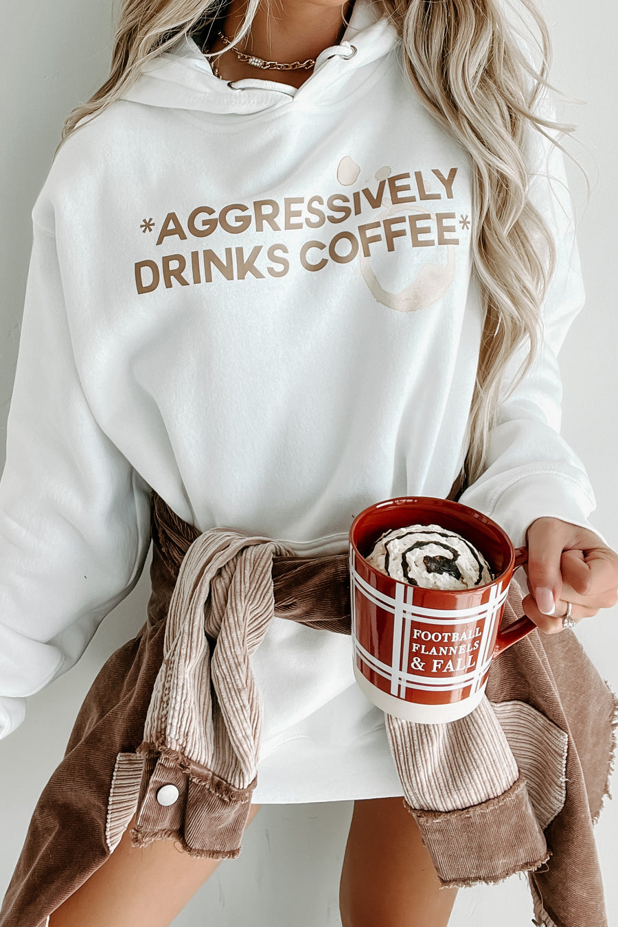 "Aggressively Drinks Coffee" Graphic Hoodie (White) - Print On Demand - NanaMacs