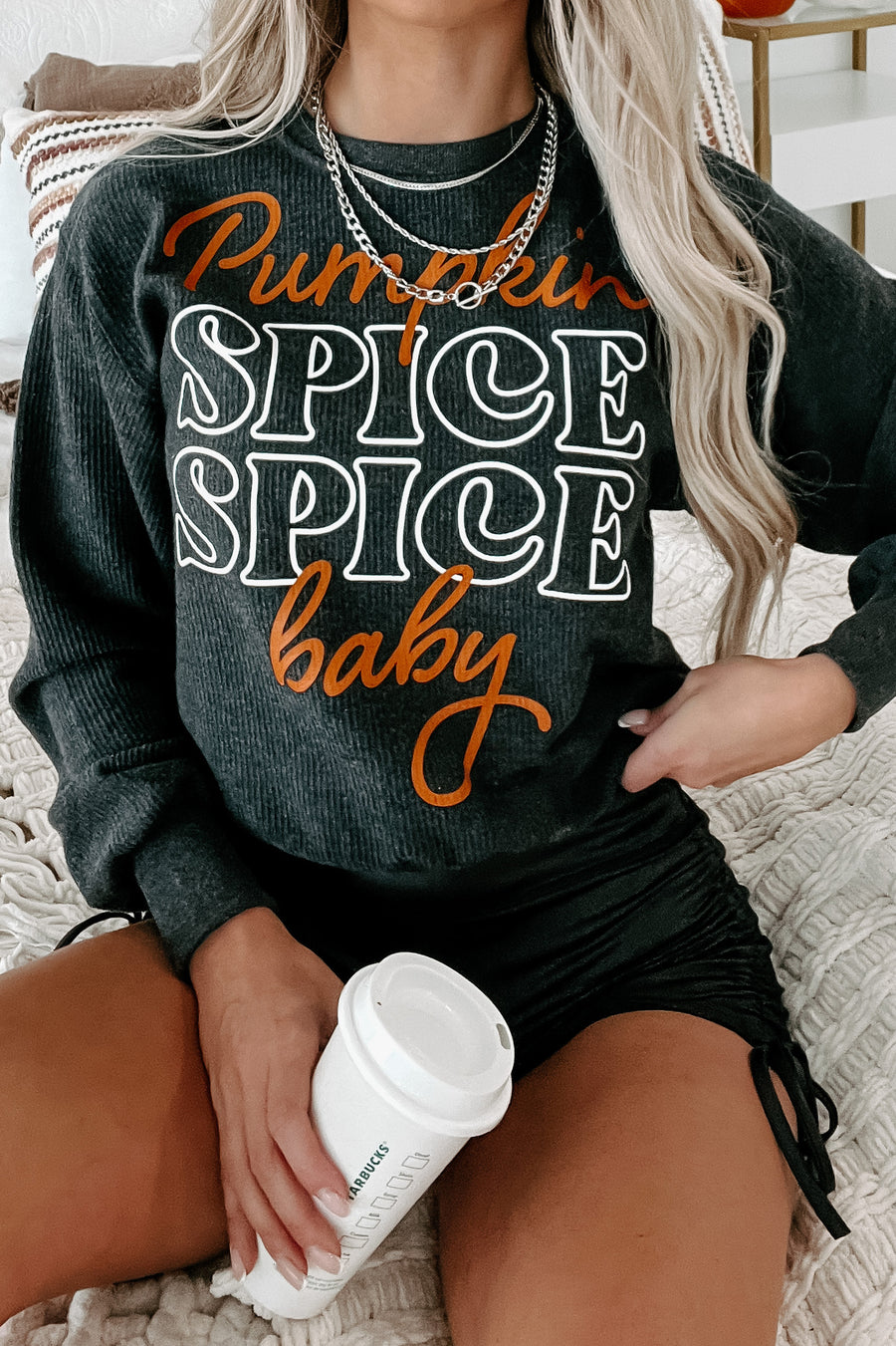 "Pumpkin Spice, Spice Baby" Corded Graphic Sweatshirt (Charcoal) - Print On Demand - NanaMacs