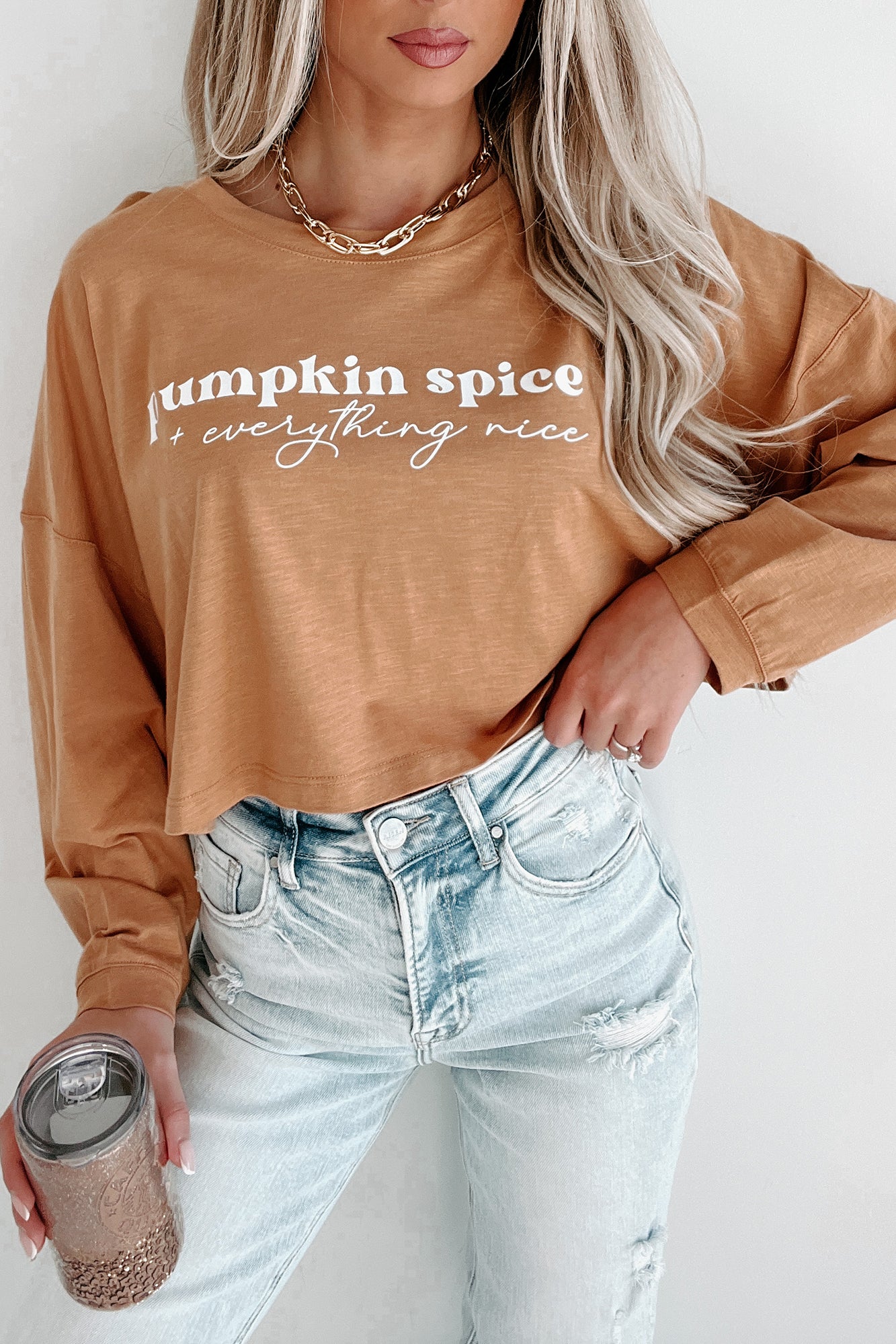 Nice With Pumpkin Spice Long Sleeve Graphic Crop Top (Peanut Butter) - Print On Demand - NanaMacs