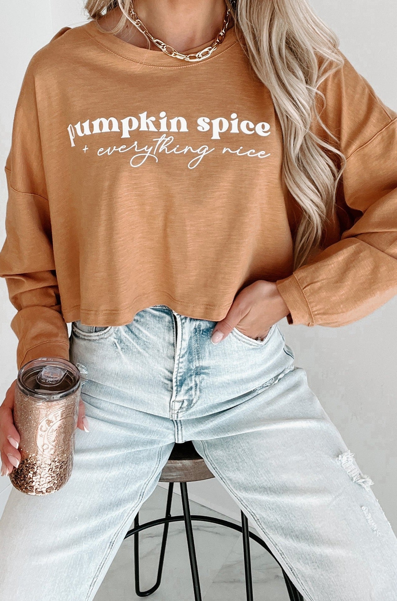 Nice With Pumpkin Spice Long Sleeve Graphic Crop Top (Peanut Butter) - Print On Demand - NanaMacs