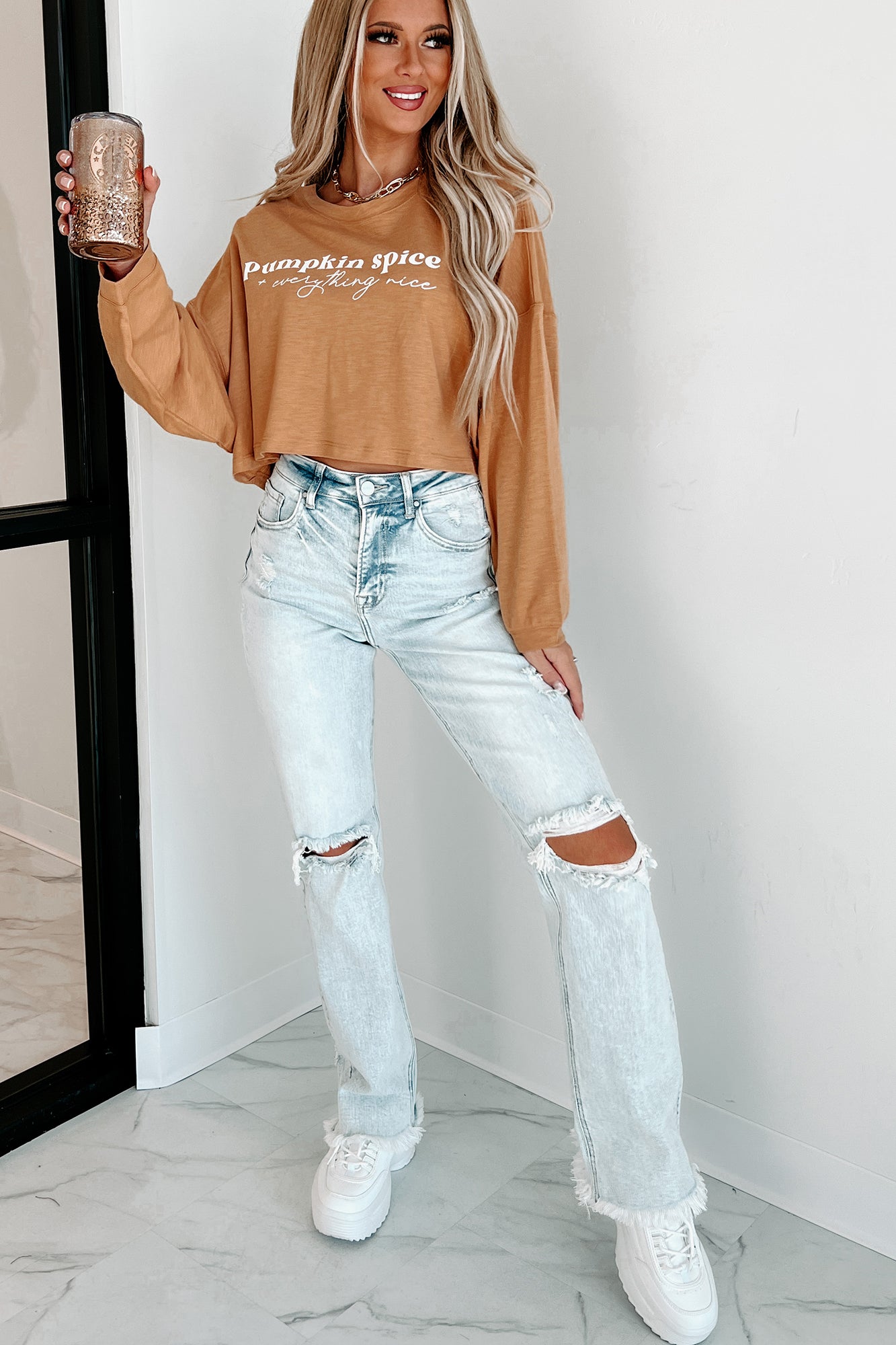 Nice With Pumpkin Spice Long Sleeve Graphic Crop Top (Peanut Butter) - Print On Demand - NanaMacs