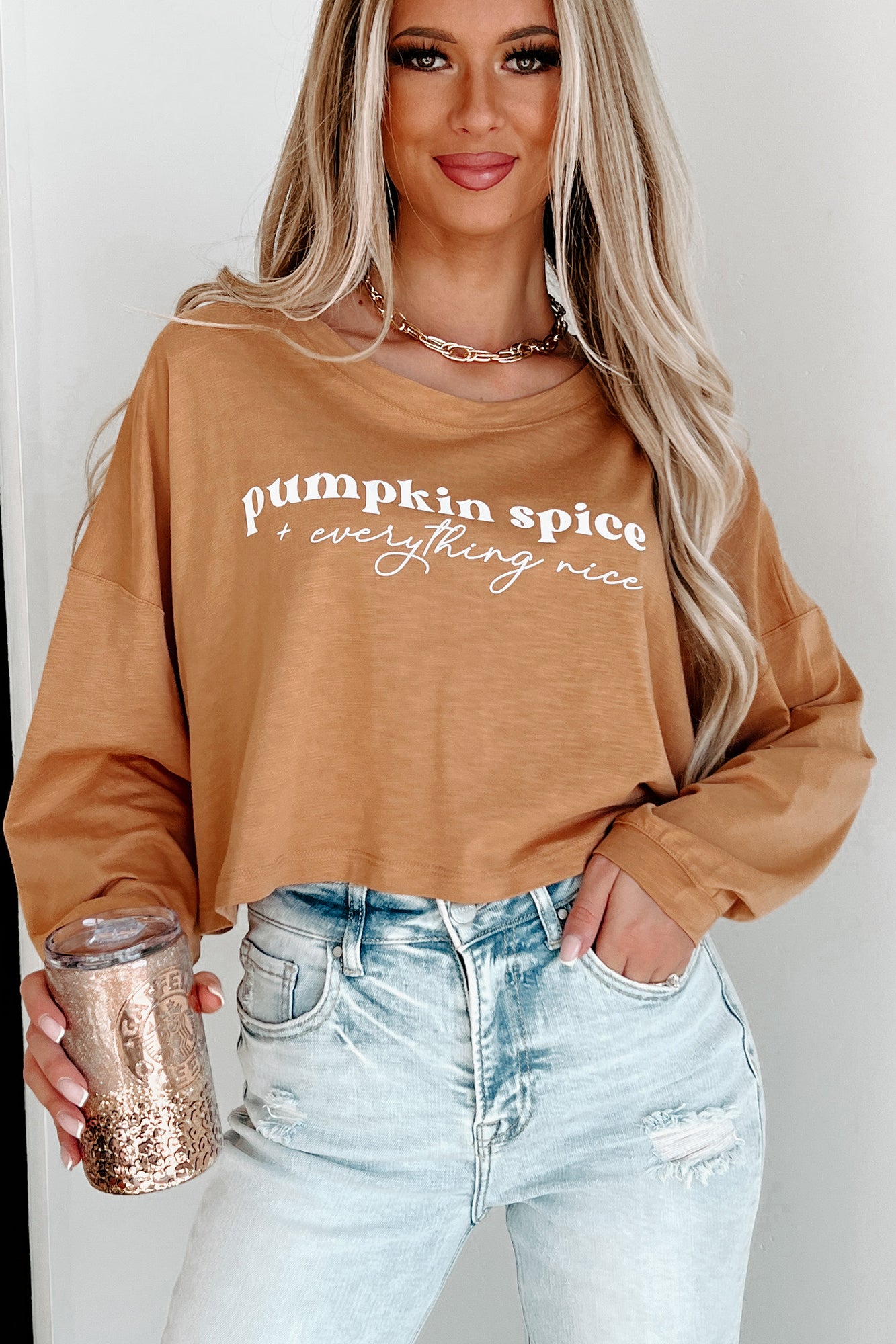 Nice With Pumpkin Spice Long Sleeve Graphic Crop Top (Peanut Butter) - Print On Demand - NanaMacs