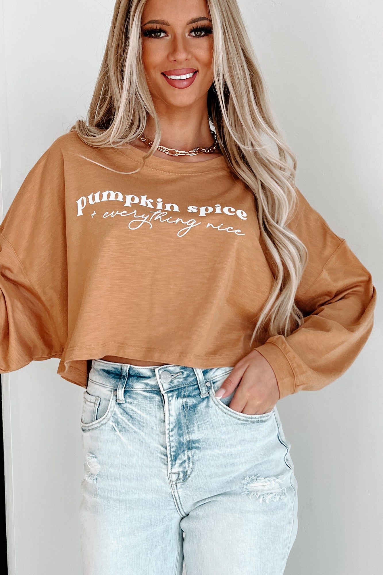 Nice With Pumpkin Spice Long Sleeve Graphic Crop Top (Peanut Butter) - Print On Demand - NanaMacs