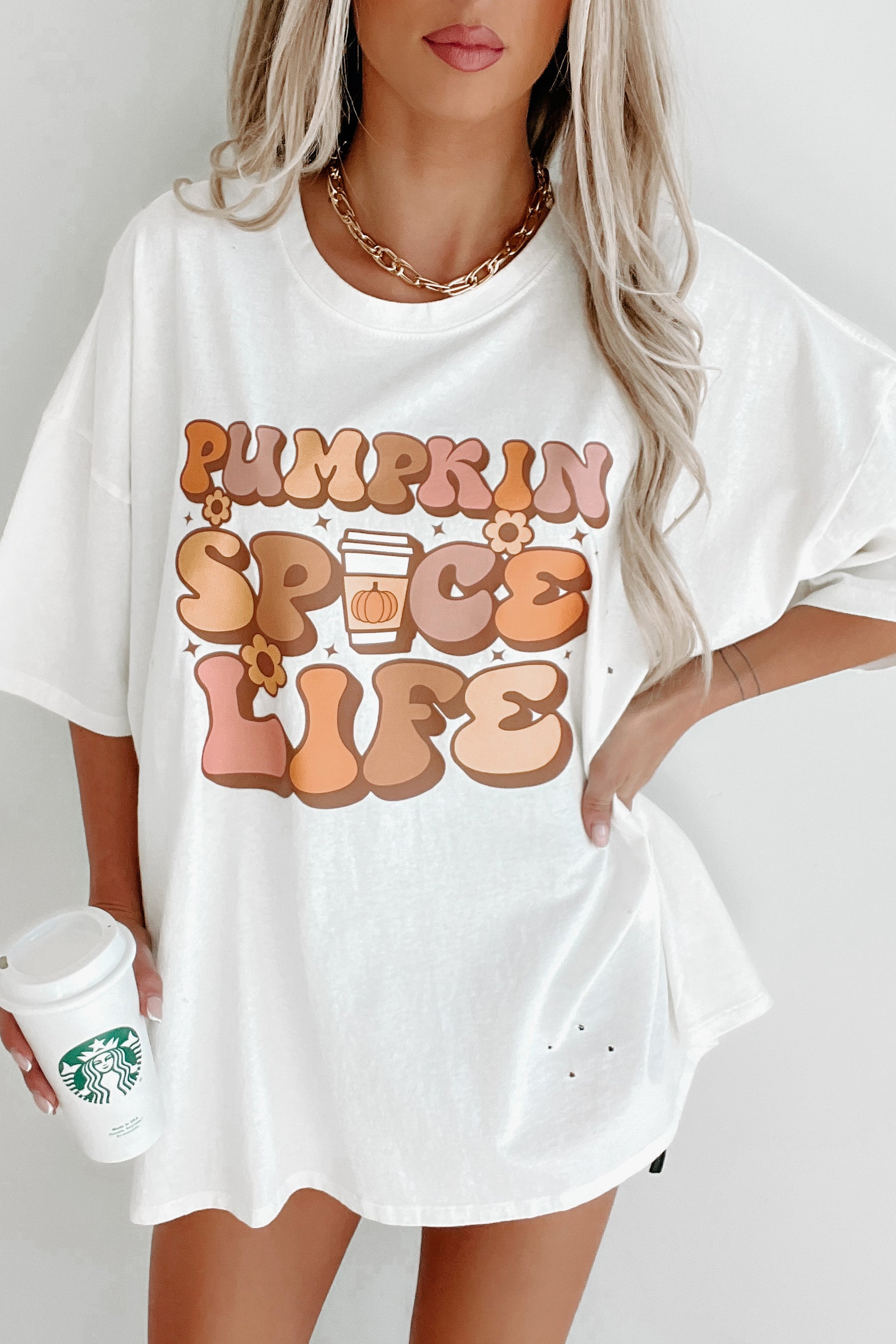 "Pumpkin Spice Life" Oversized Distressed Graphic T-Shirt (Off White) - Print On Demand - NanaMacs