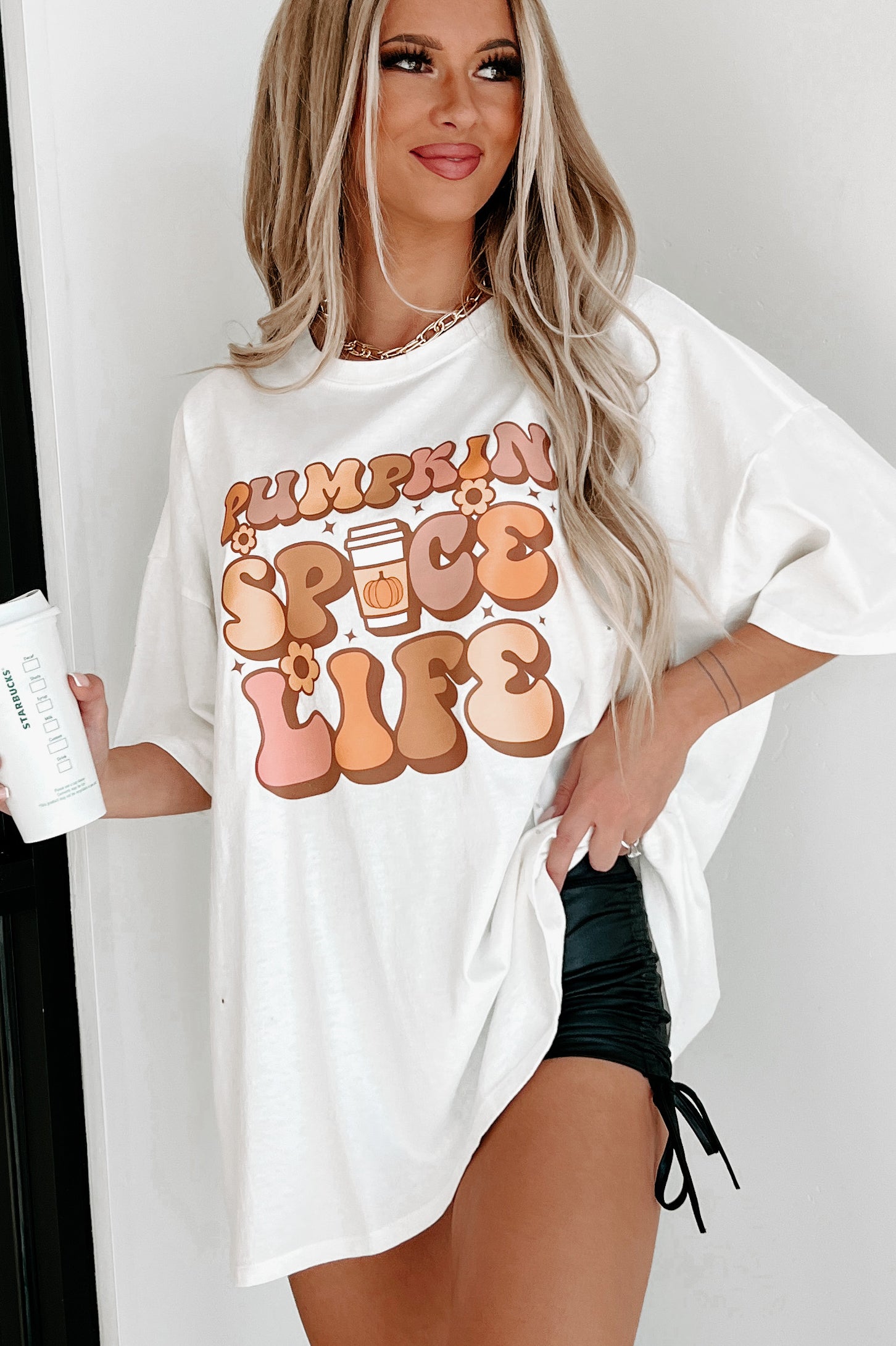 "Pumpkin Spice Life" Oversized Distressed Graphic T-Shirt (Off White) - Print On Demand - NanaMacs