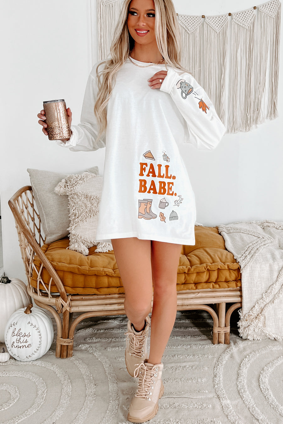 She's A Fall Babe Graphic Long Sleeve (White) - Print On Demand - NanaMacs