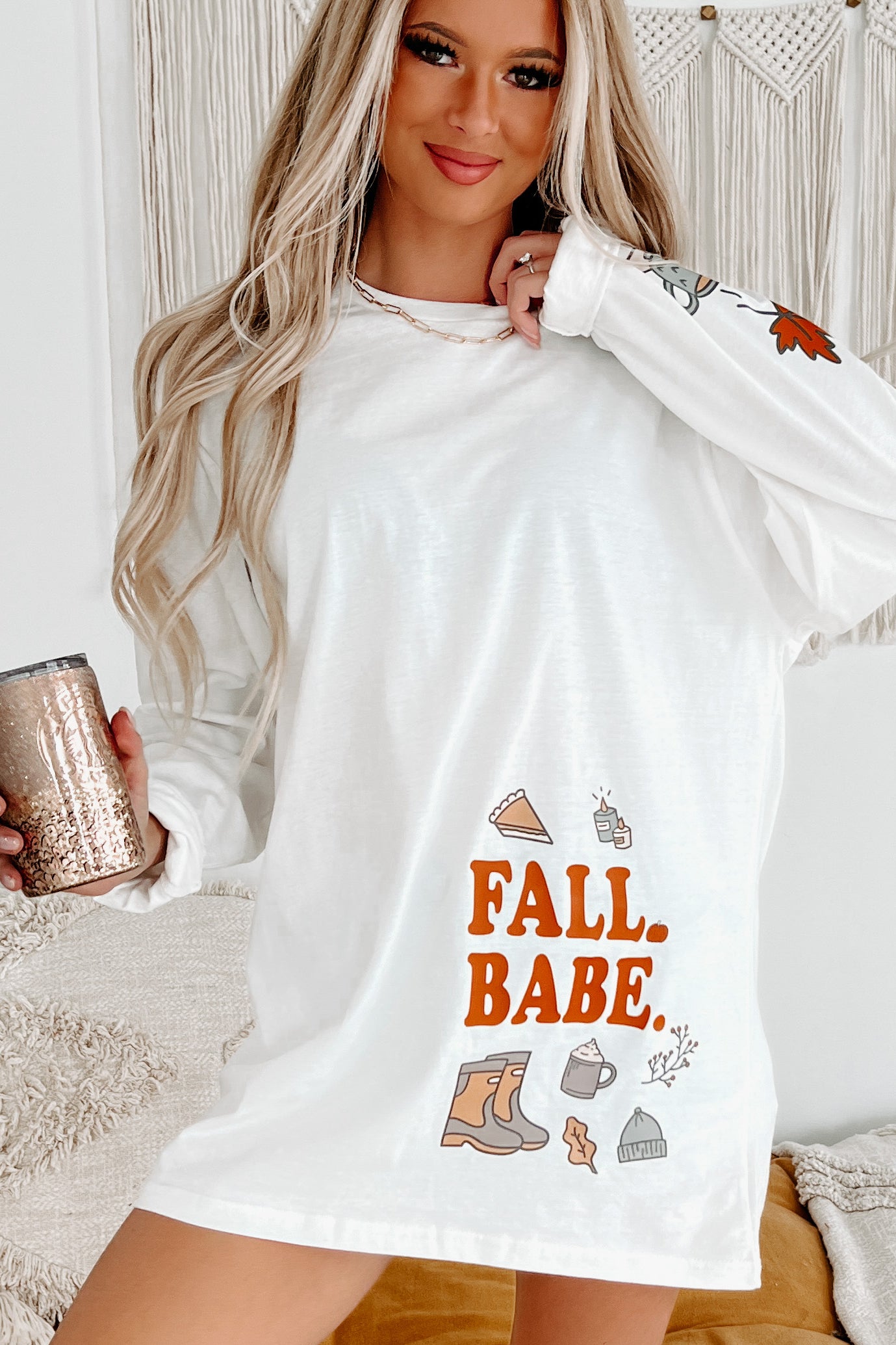 She's A Fall Babe Graphic Long Sleeve (White) - Print On Demand - NanaMacs