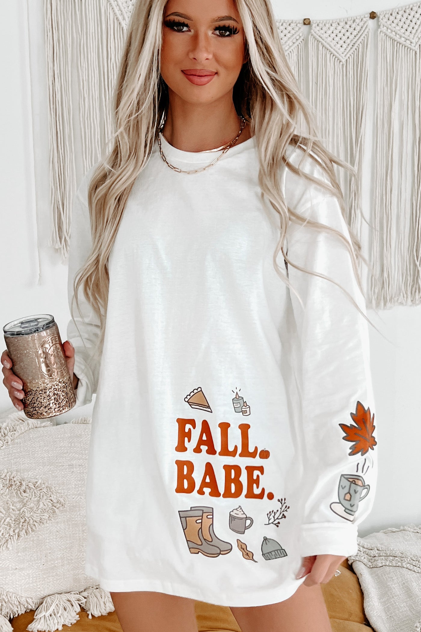 She's A Fall Babe Graphic Long Sleeve (White) - Print On Demand - NanaMacs