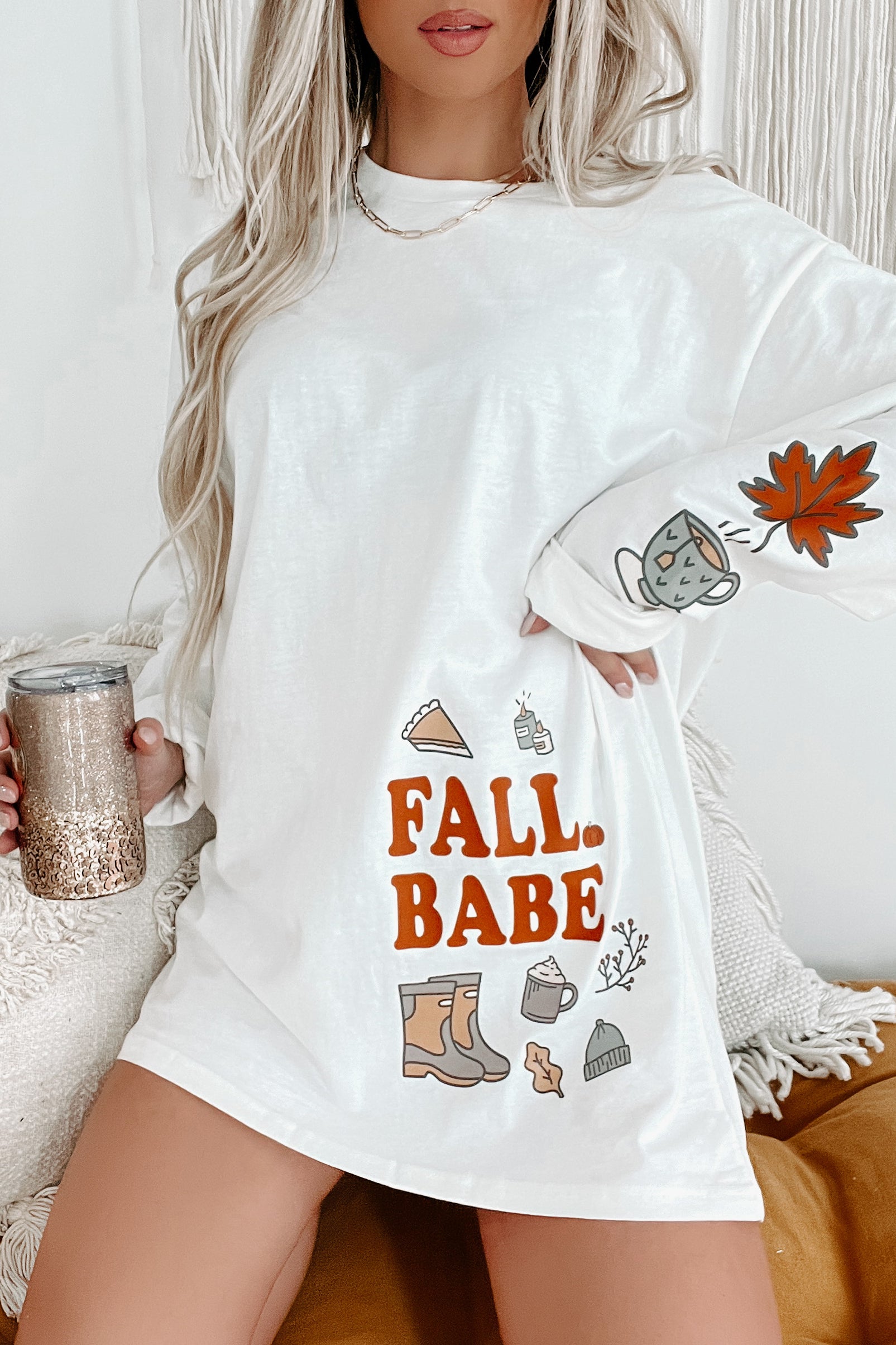 She's A Fall Babe Graphic Long Sleeve (White) - Print On Demand - NanaMacs