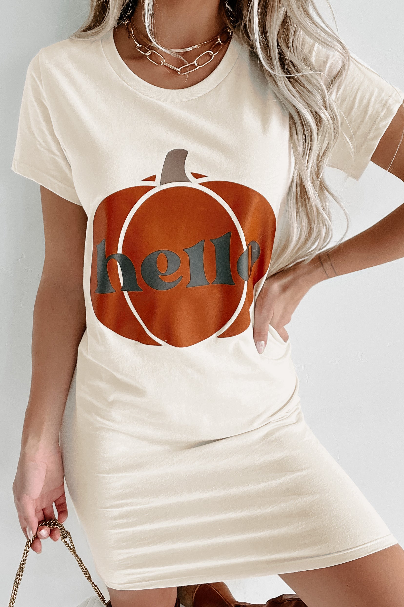 Hello My Pumpkin Graphic T-Shirt Dress (Cream) - Print On Demand - NanaMacs